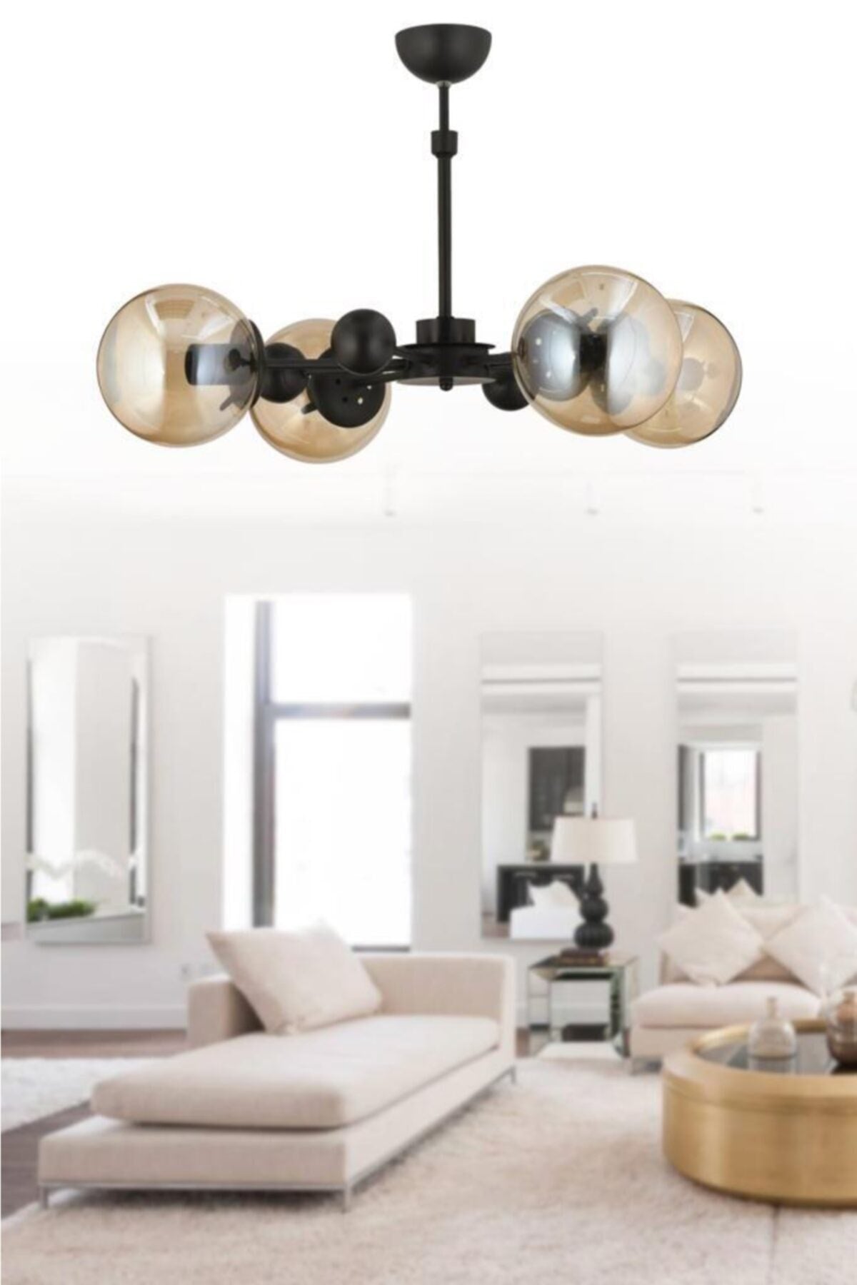 Nairobi 4-Piece Black Case Yellow Globe Glass Chandelier