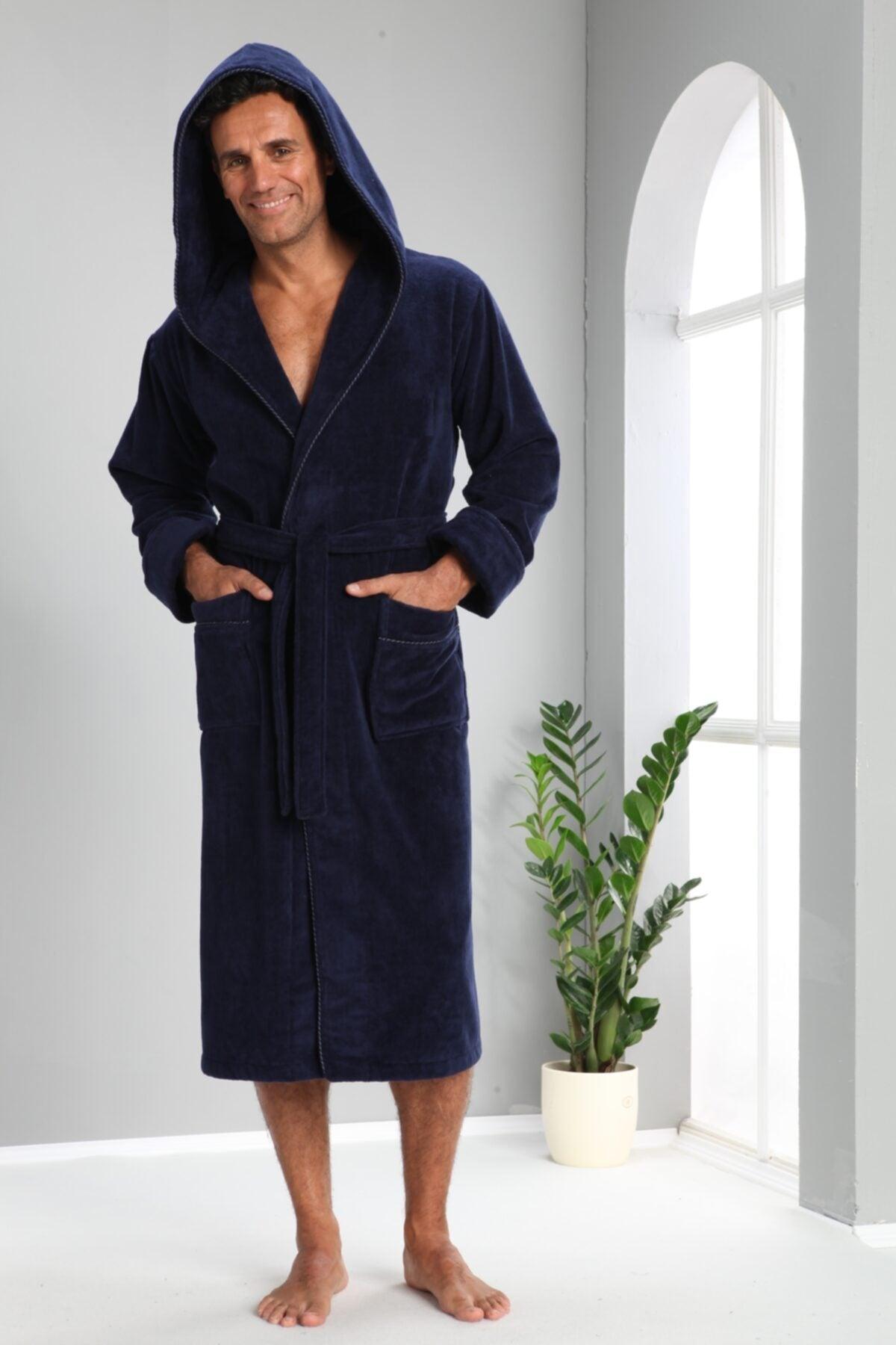 Navy Blue Piping Bamboo Cotton Men's Bathrobe - Swordslife