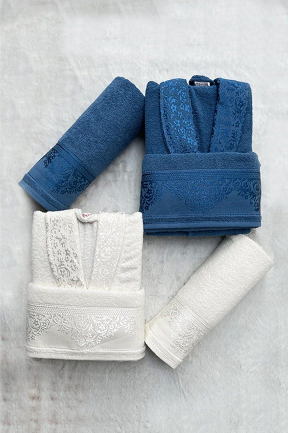 Cotton Jacquard Family Bathrobe Set - White - Indigo - Swordslife