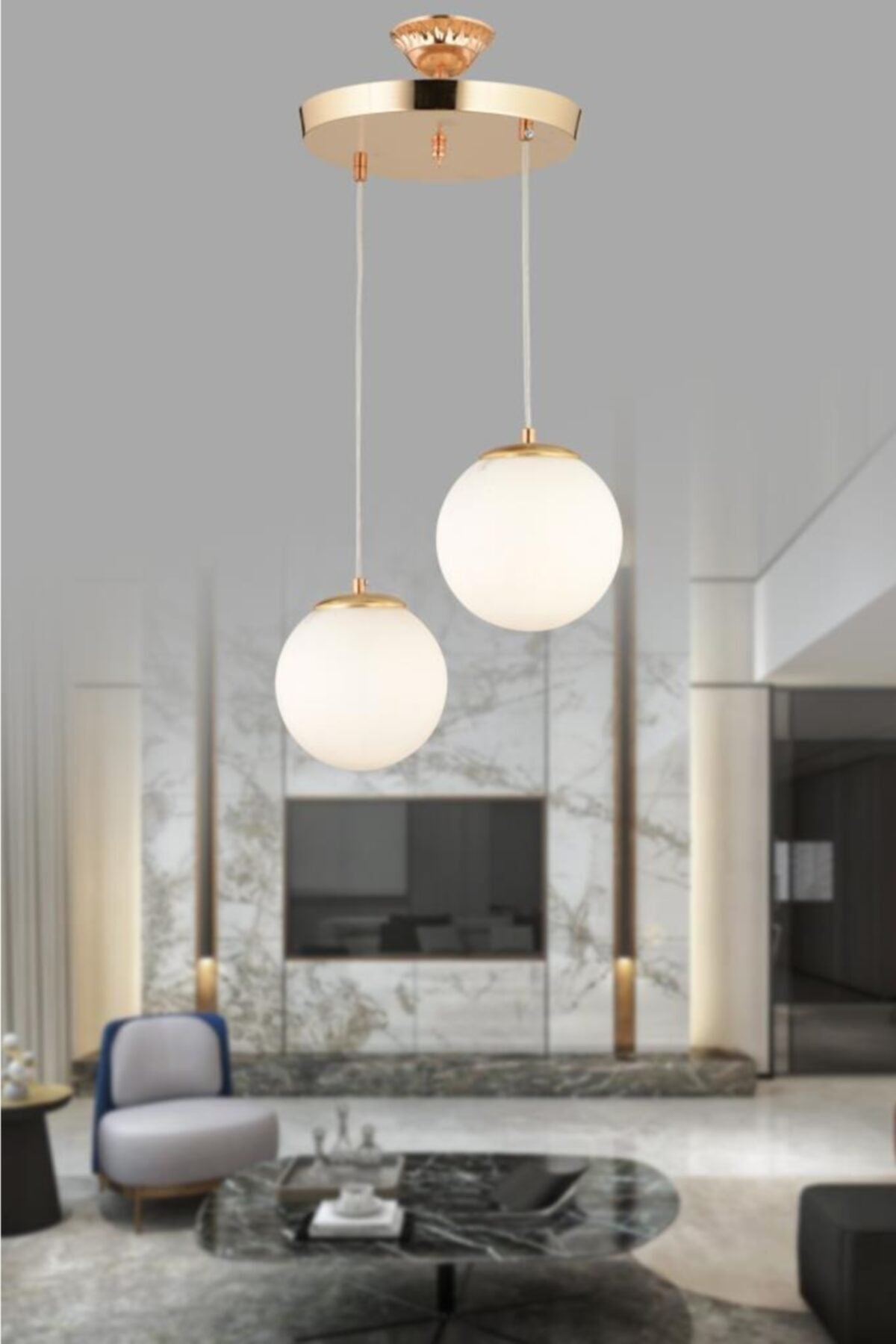 Pendant Lamp 2-Piece Gold White Globe Glass Chandelier