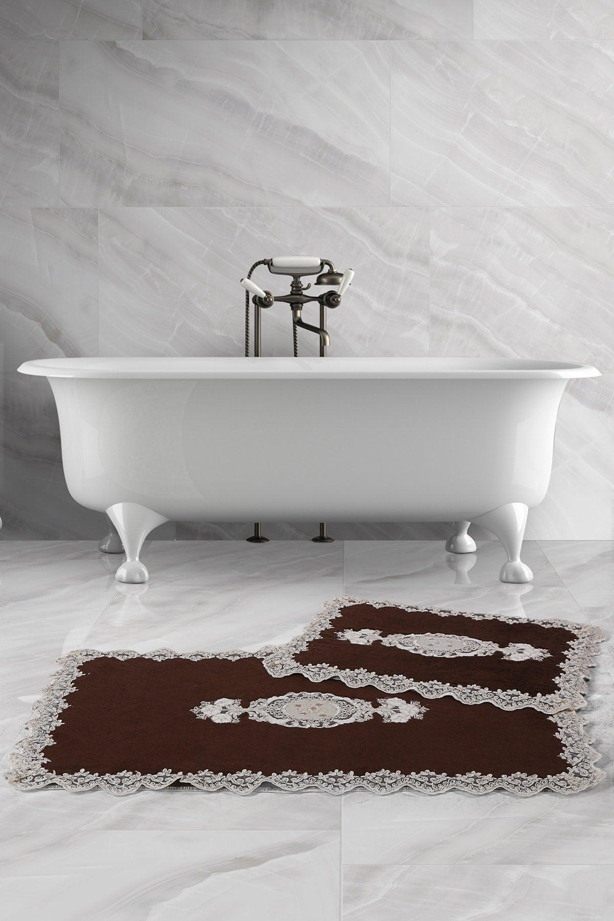 Lisa Cornered Brown 2-Piece French Lace Bath Mat Set Dowry Closet Set - Swordslife