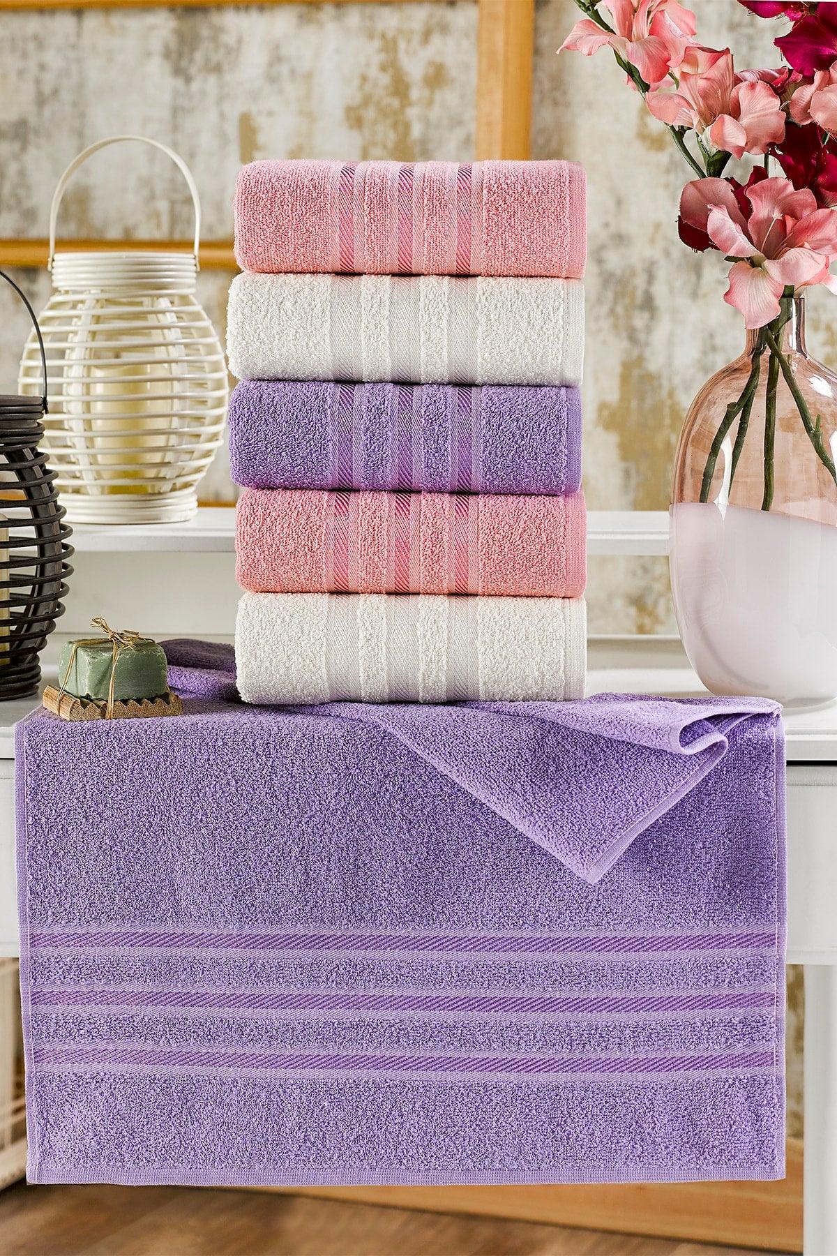 Dense Soft Border Flush Purple-pink-cream 6 Towel Set 50x85 - Swordslife
