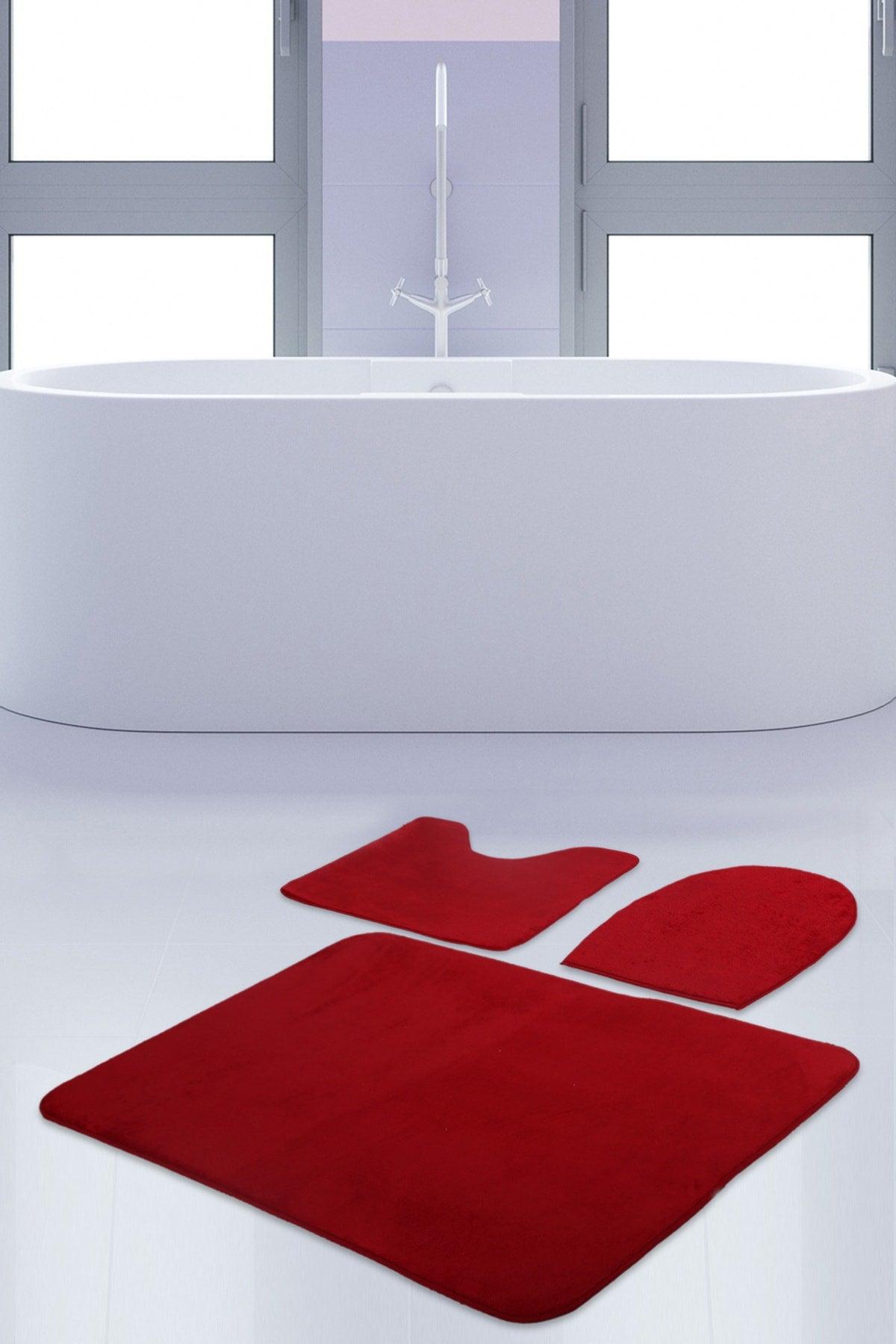 Unicolor Plain Red 3 Piece Bath Mat Rug Set Non-Slip Closet Set - Swordslife