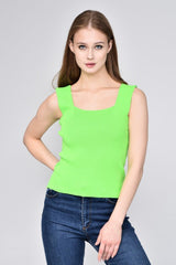 Women's Pistachio Green Thick Strap Square Collar Summer Athlete Knitwear Blouse - Swordslife