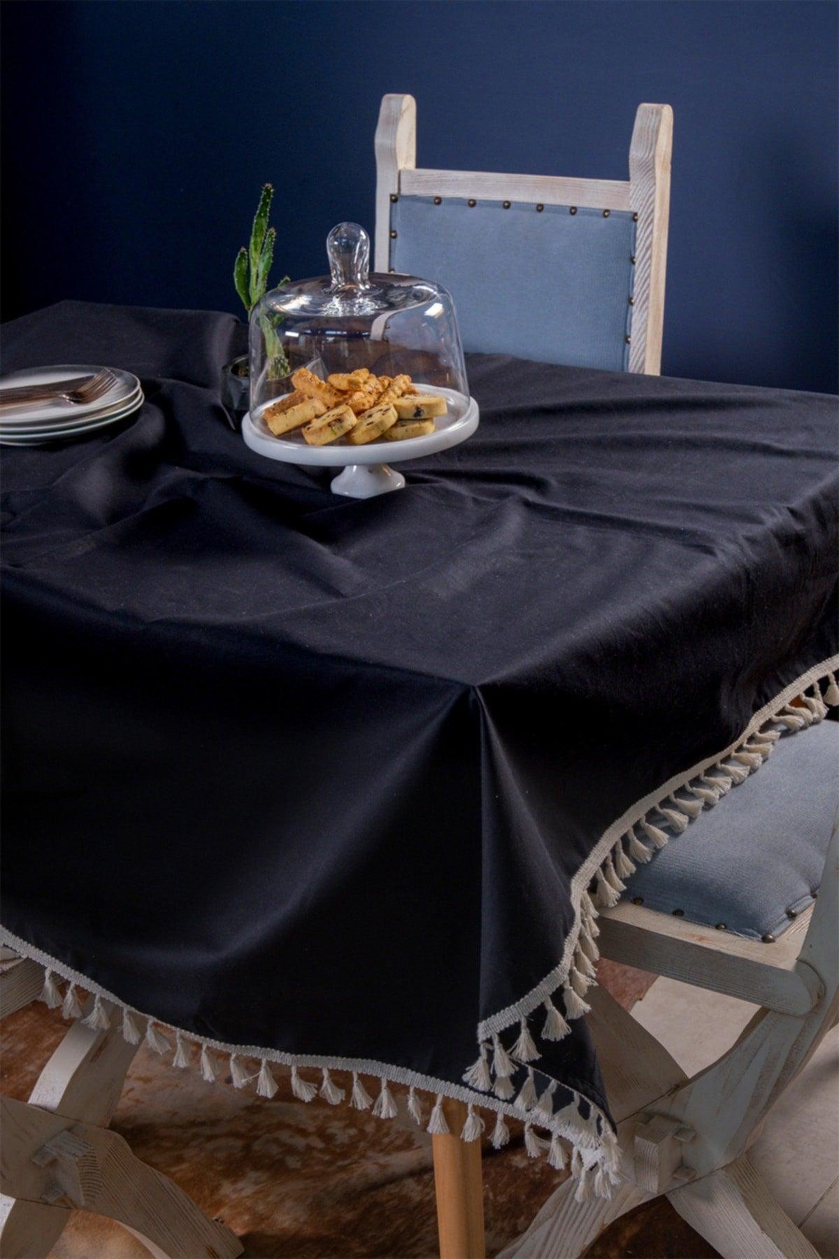 100% Cotton Plain Black Tablecloth with Pompom Edge - Swordslife