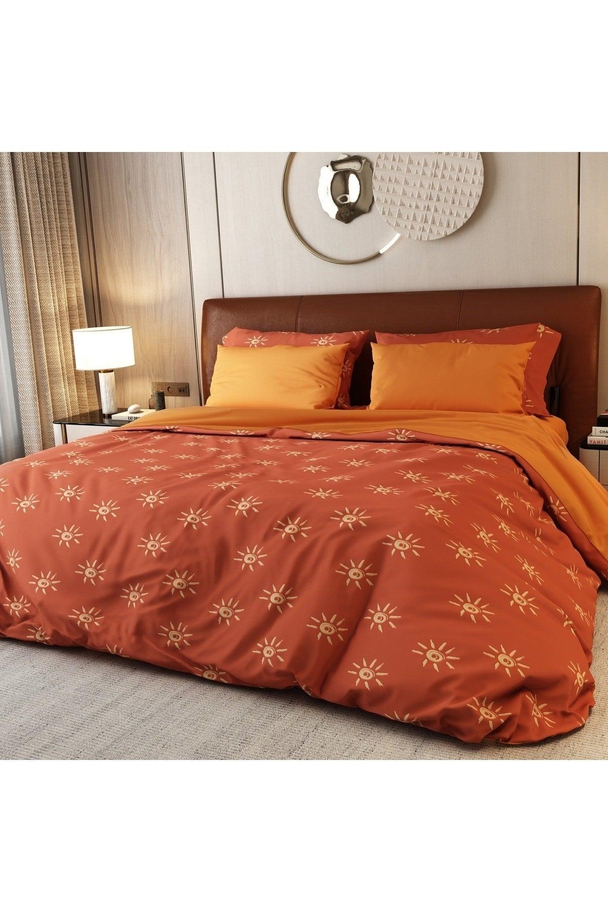 100% Cotton Satin 6 Pieces Claret Red-orange Lora Double Duvet Cover Set - Swordslife