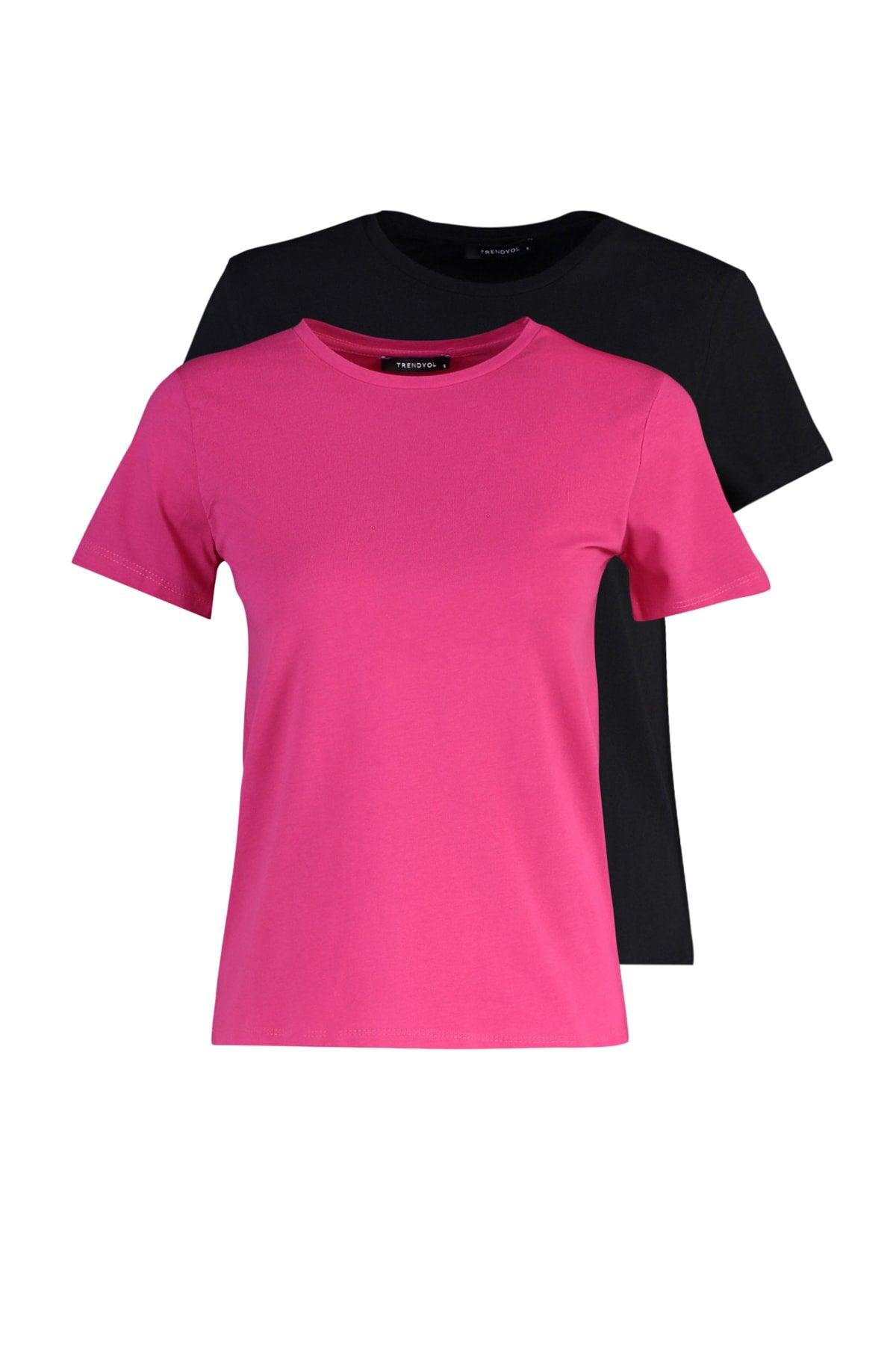 Black-Fuchsia 100% Cotton 2-Pack Basic Crew Neck Knitted T-Shirt TWOSS20TS0141 - Swordslife