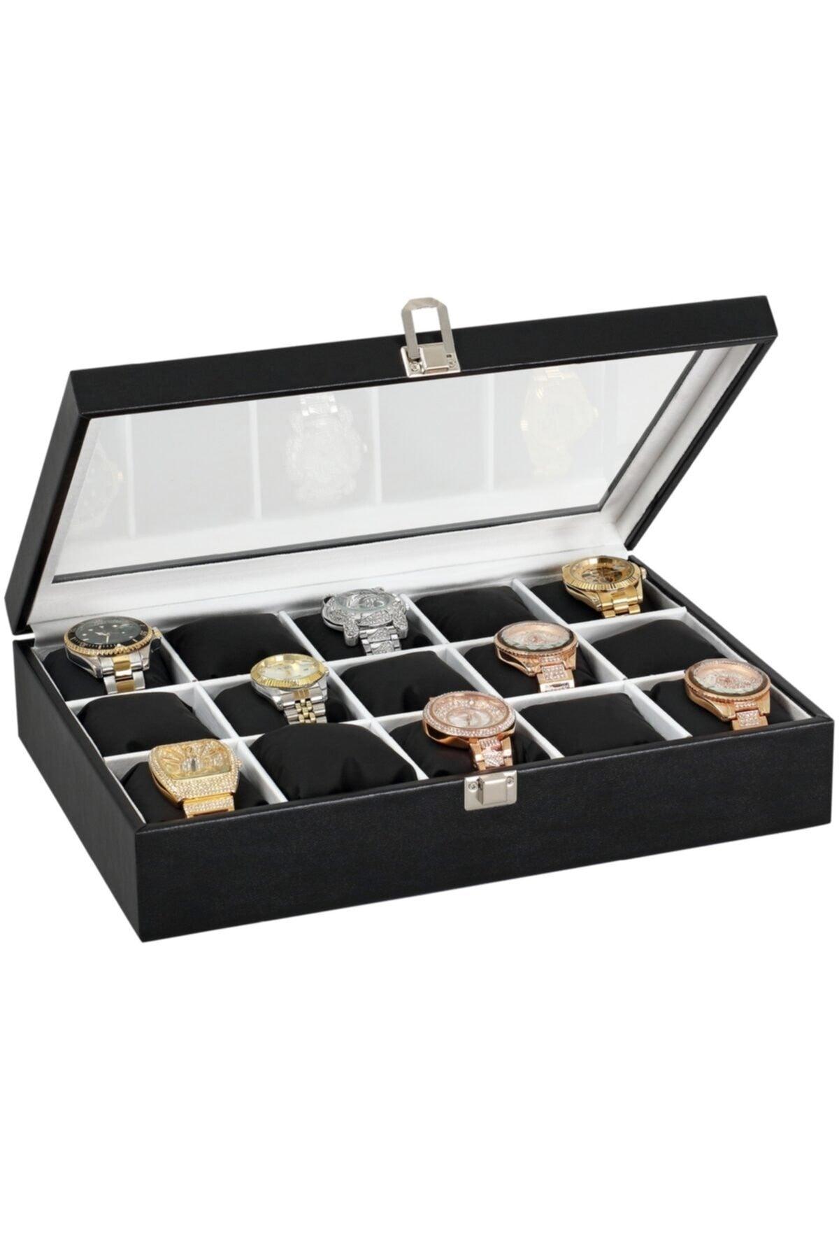 15 Pcs Black Leather Wood Glass Watch Box