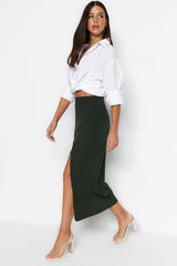 Khaki Slit Detailed Crepe Maxi Knitted Skirt TWOSS23ET00351 - Swordslife