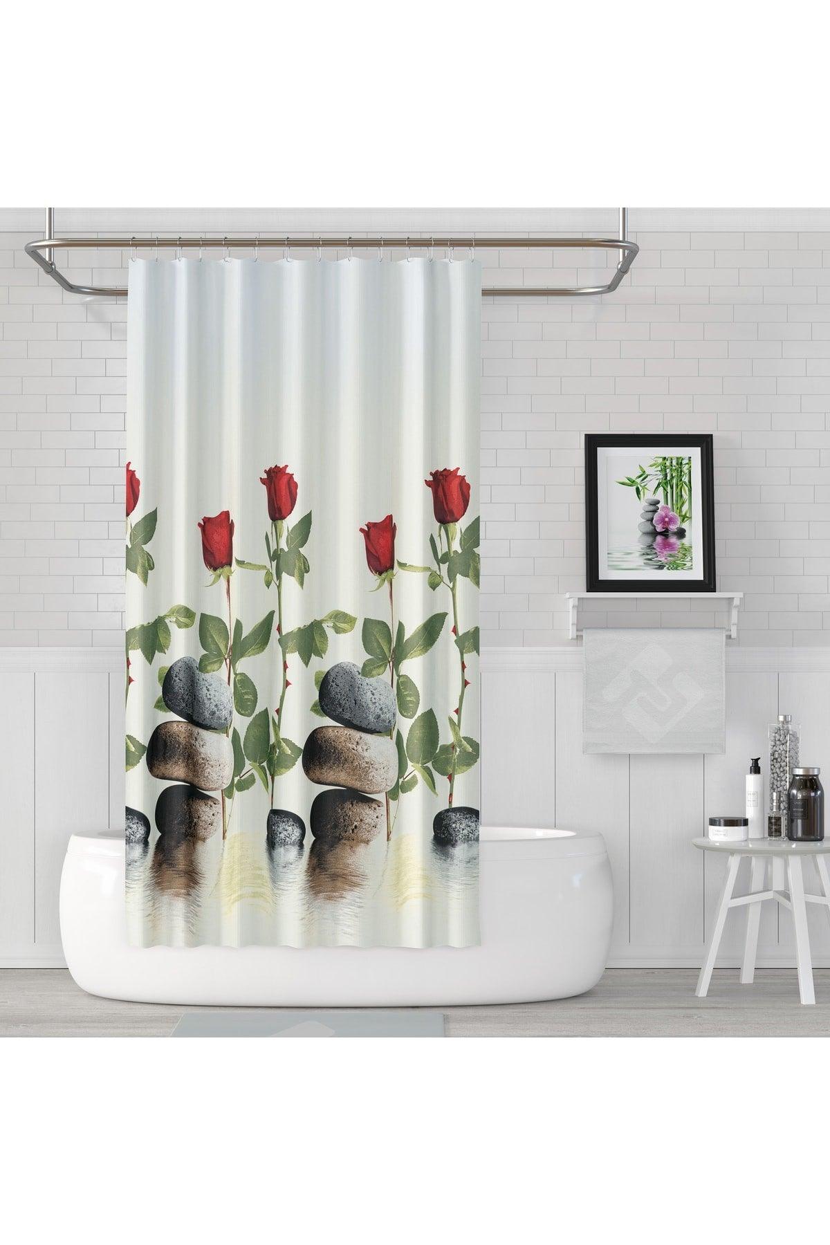 180x200cm Bathroom Curtain Red Rose Pattern Shower Curtain-single Wing Tub Curtain 12 Pieces C Ring Gift - Swordslife