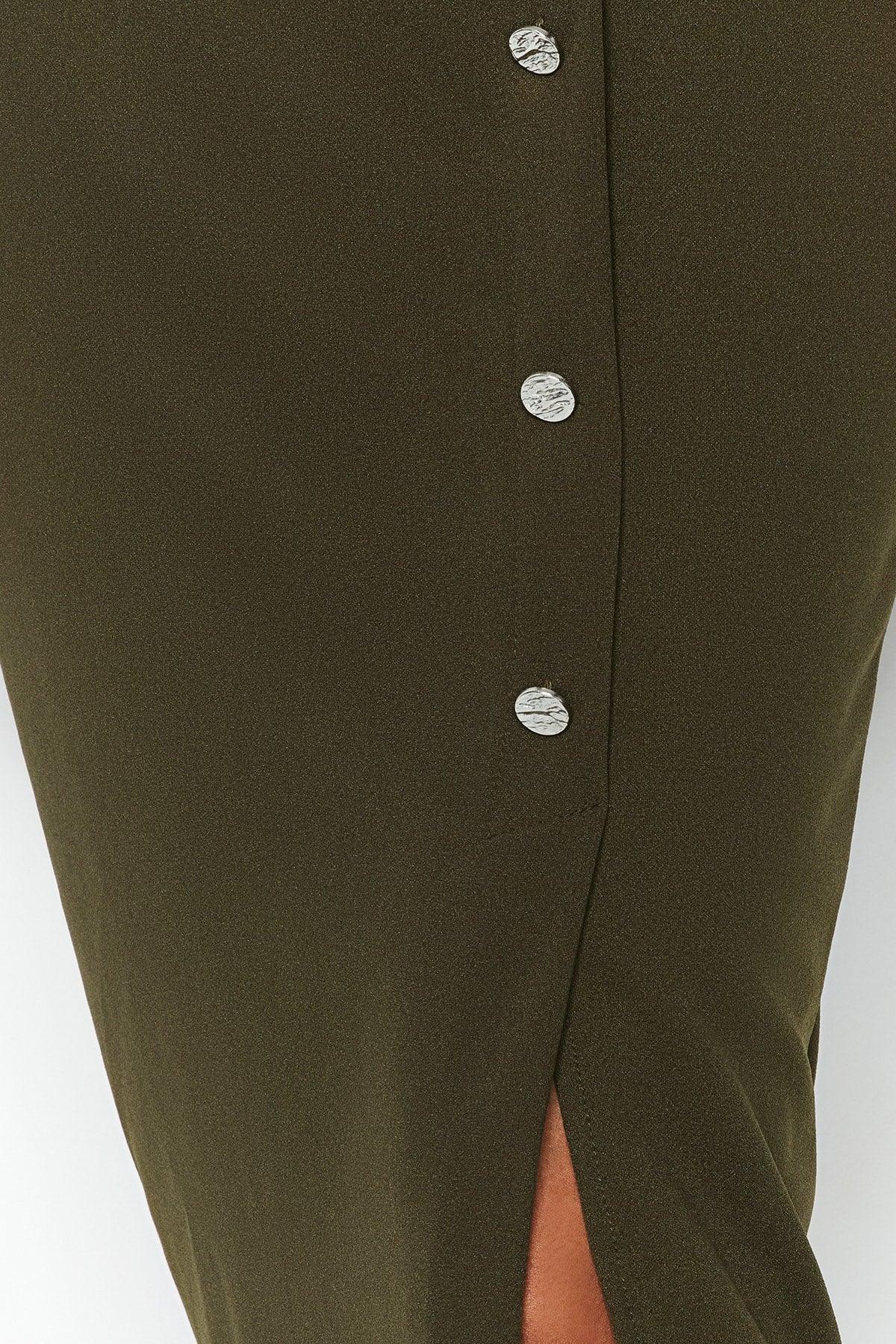 Khaki Maxi Button Detailed Crepe Knitted Pencil Skirt TWOSS23ET00320 - Swordslife