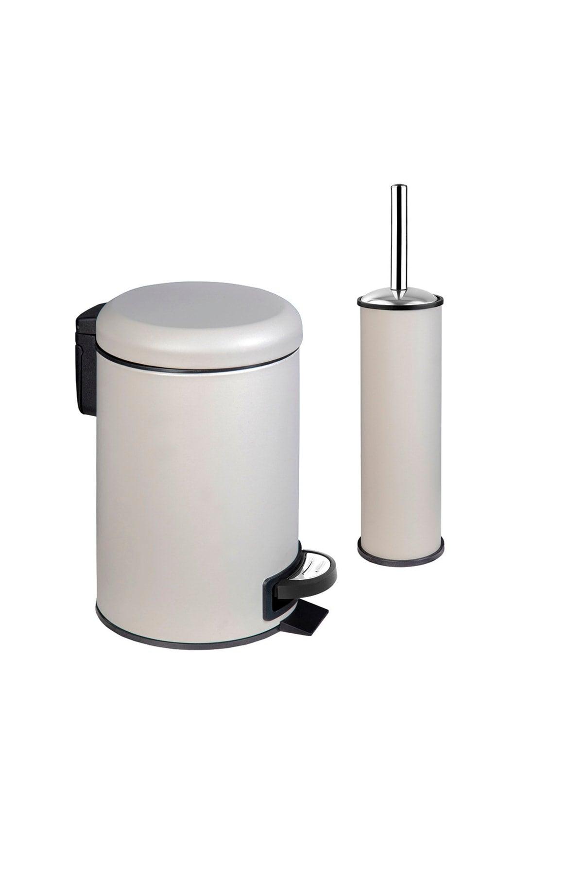 Elite Double Bathroom Set Beige Stainless 3 Lt Trash Can Wc Toilet Brush - Swordslife