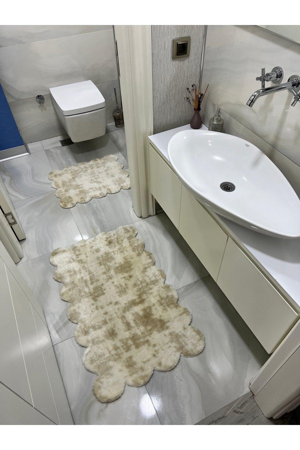 Laser Cut Double Bath Mat Beige Plush Carpet - Swordslife