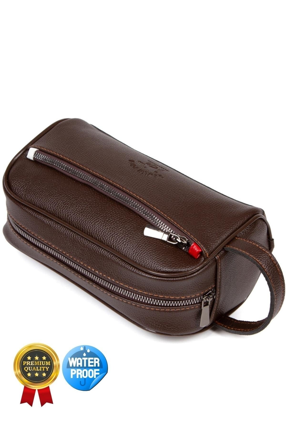 Adelina Men's Leather Portfolio Clutch Bag Travel Shaving Cosmetic Clutch Bag Dark Brown