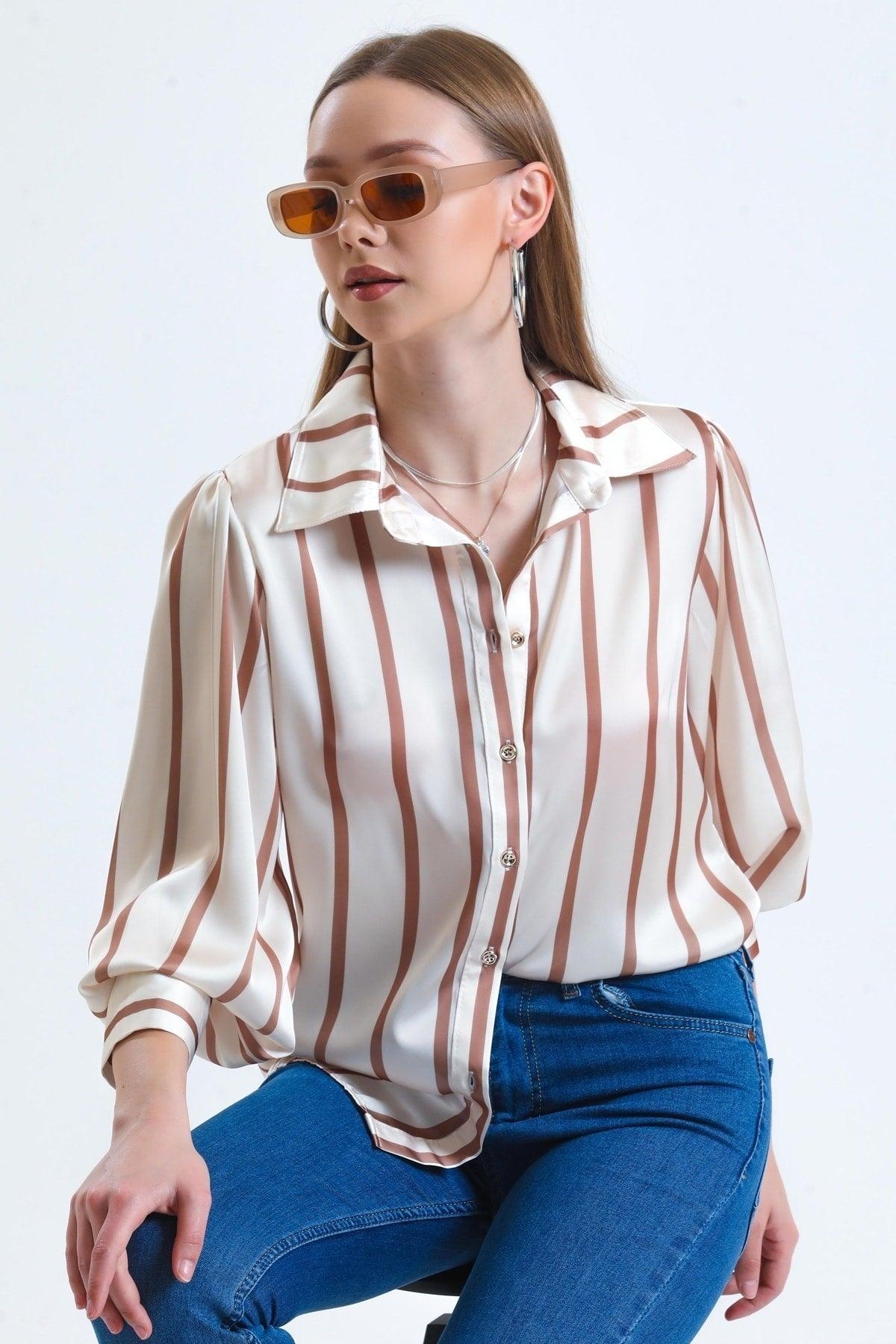 Women's Milky Brown Balloon Sleeves Ruffle Detailed Oversize Striped Satin Shirt - Swordslife