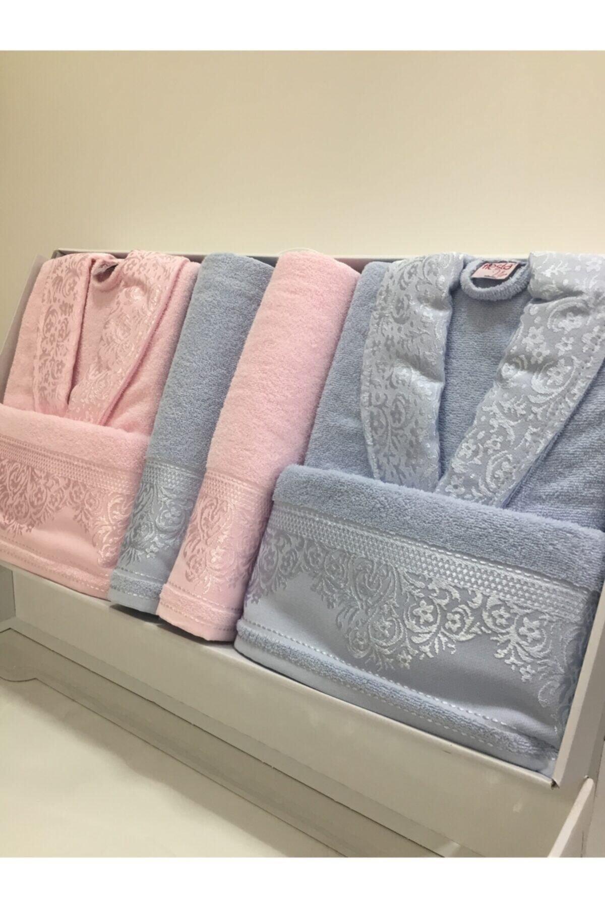 Powder Blue Cotton Jacquard Family Bathrobe Set 6 Pcs - Swordslife