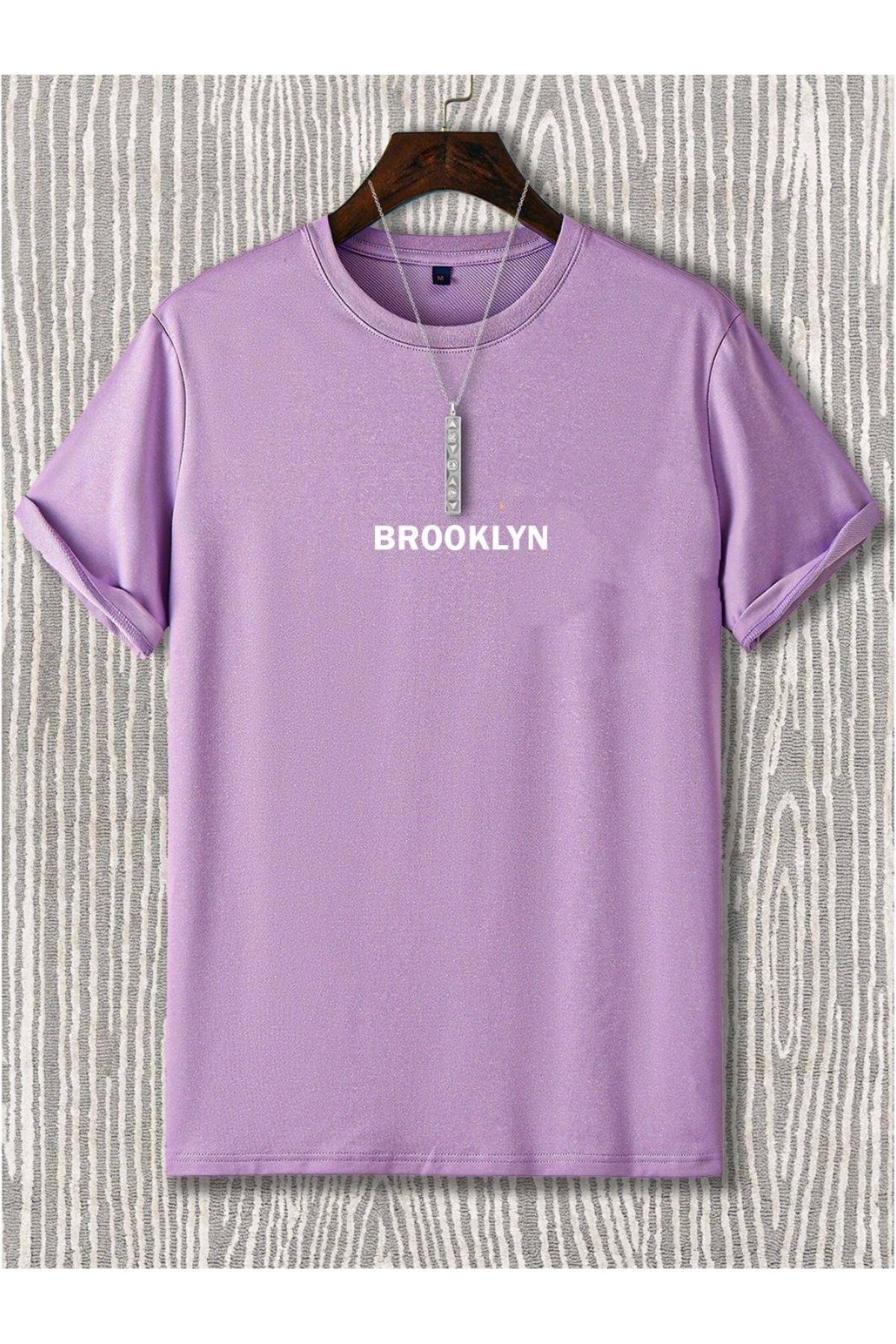 Black Sokak Men's Lilac Brooklyn Printed Oversize Crew Neck Short Sleeved Tshirt