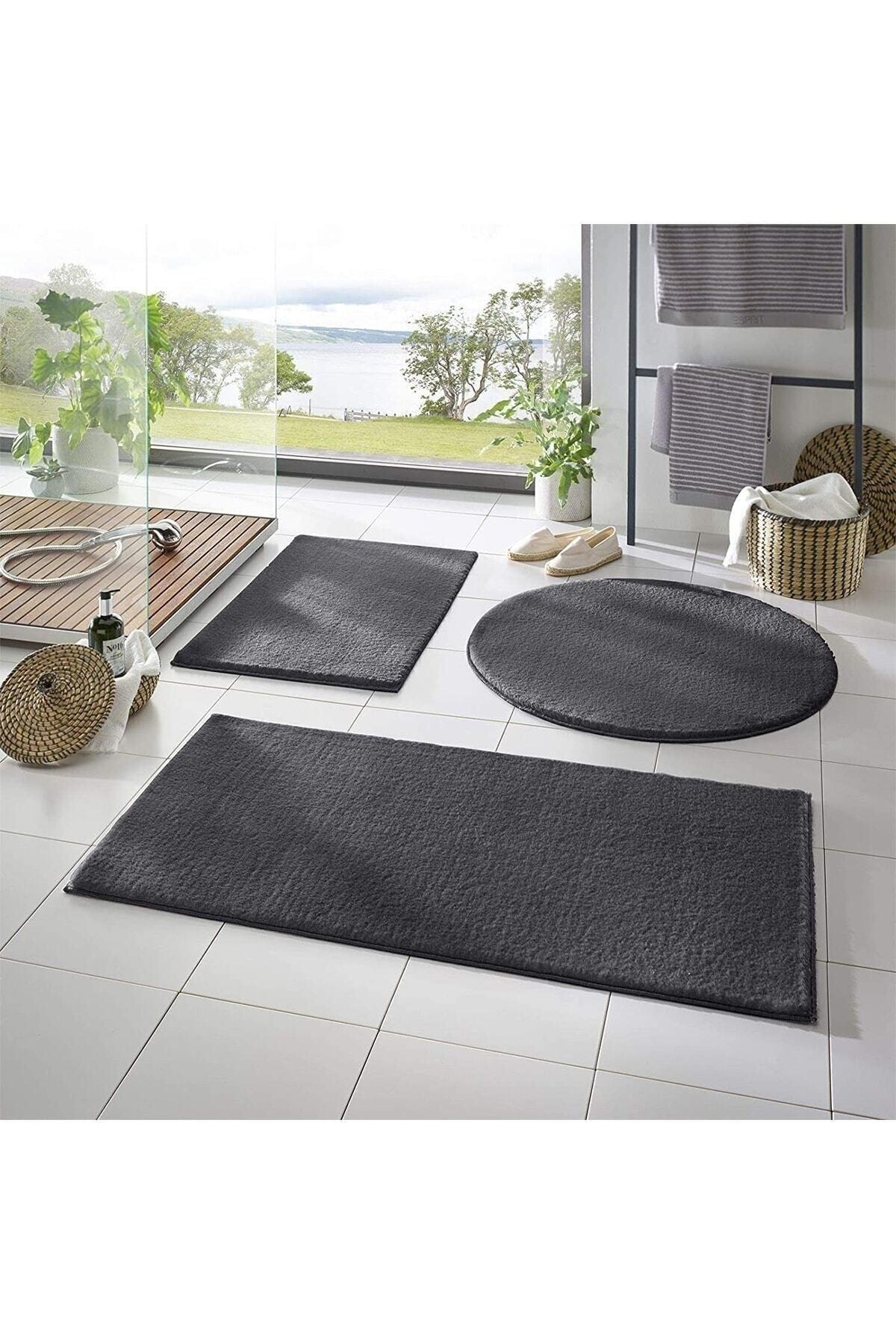 Xxl Large Size Post Plush Bath Mat Triple Set Anthracite Color Non-Slip Base Washable - Swordslife