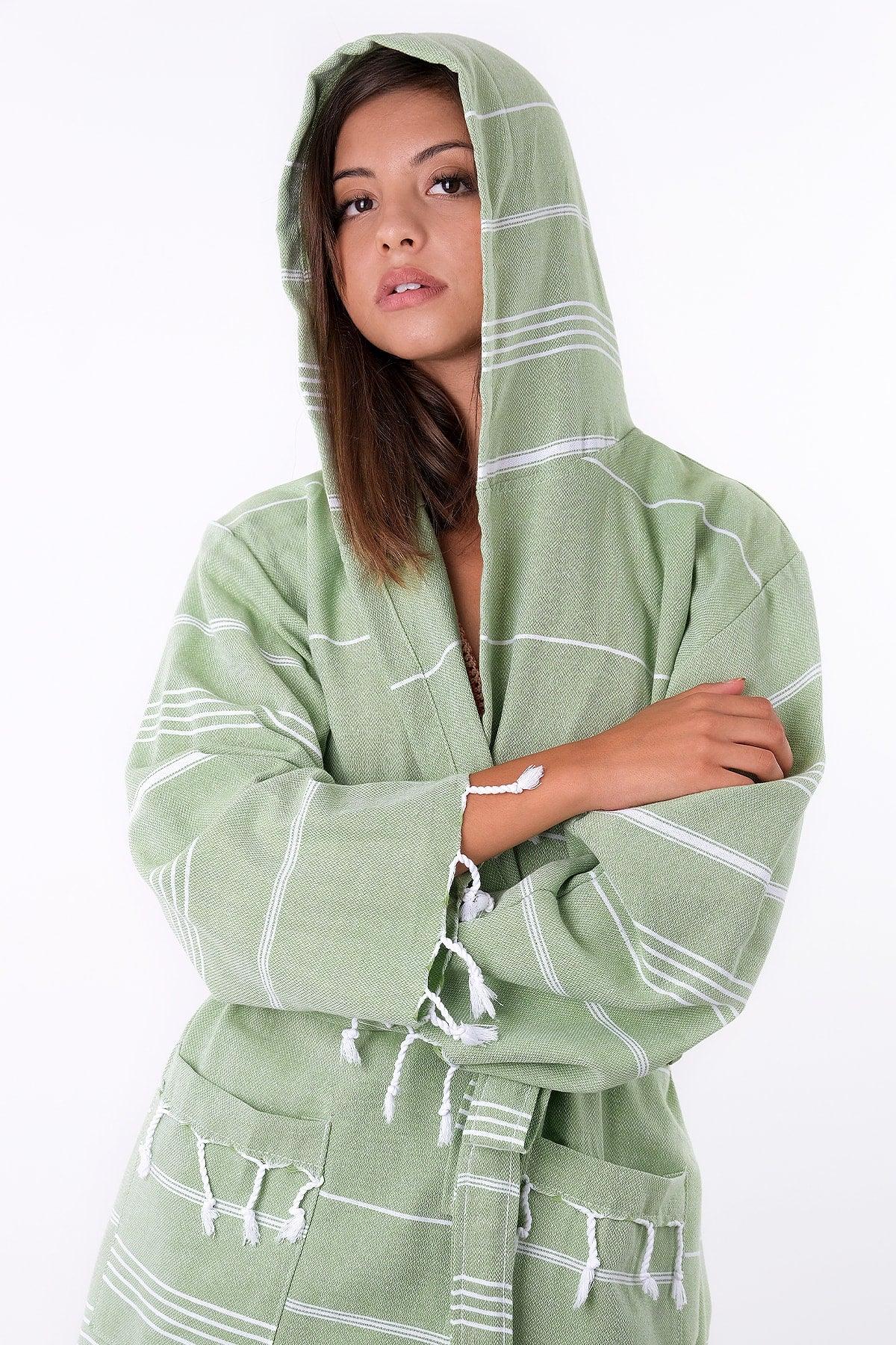 Sultan 100% Cotton Green Colored Hooded Peshtemal Bathrobe, Robe And Beach Dress - Swordslife