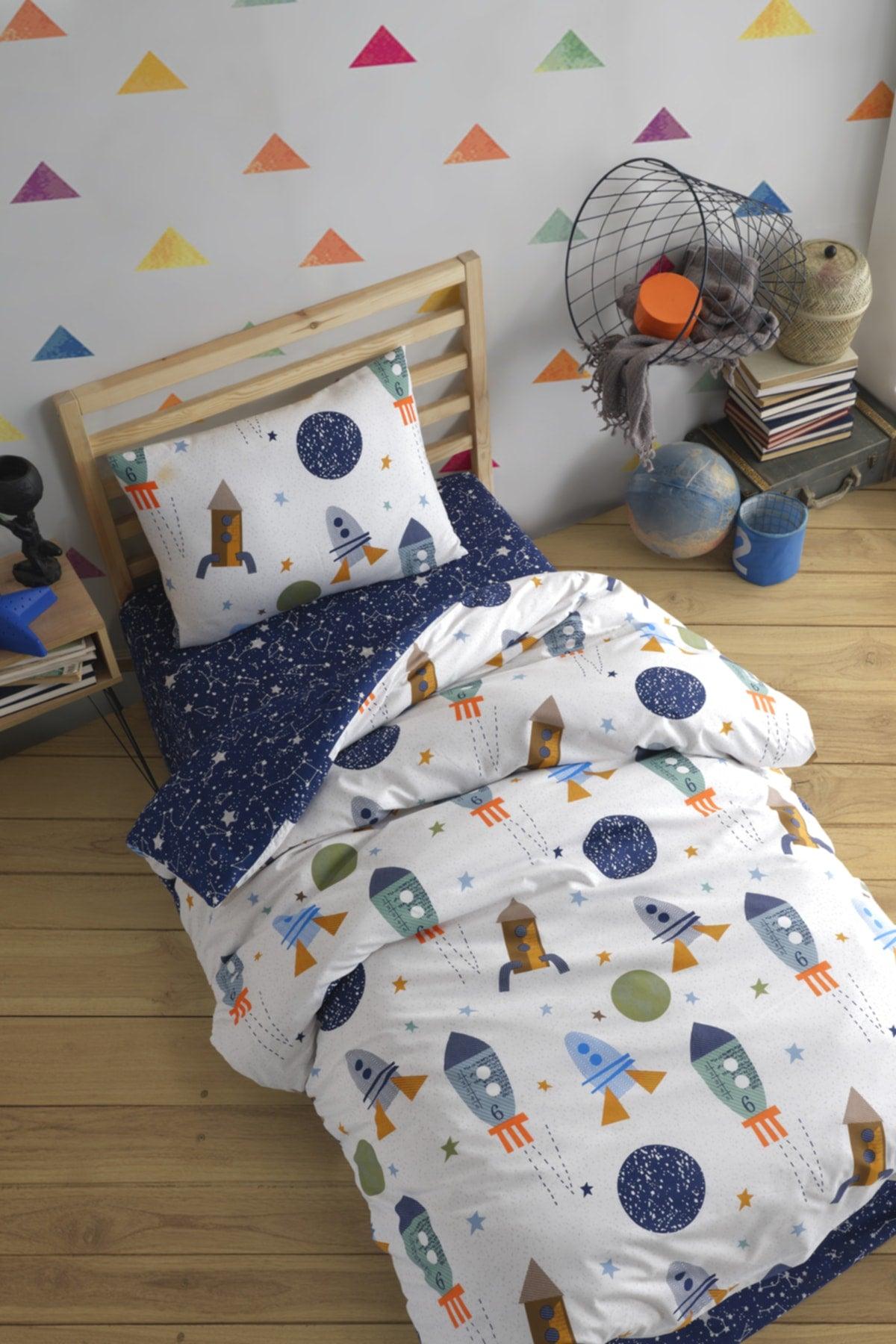 Stk Cotton Duvet Cover Set Single Spacex Navy Blue - Swordslife