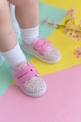 Floral Patterned Double Velcro Linen Children's Sports Shoes-pink-f-498