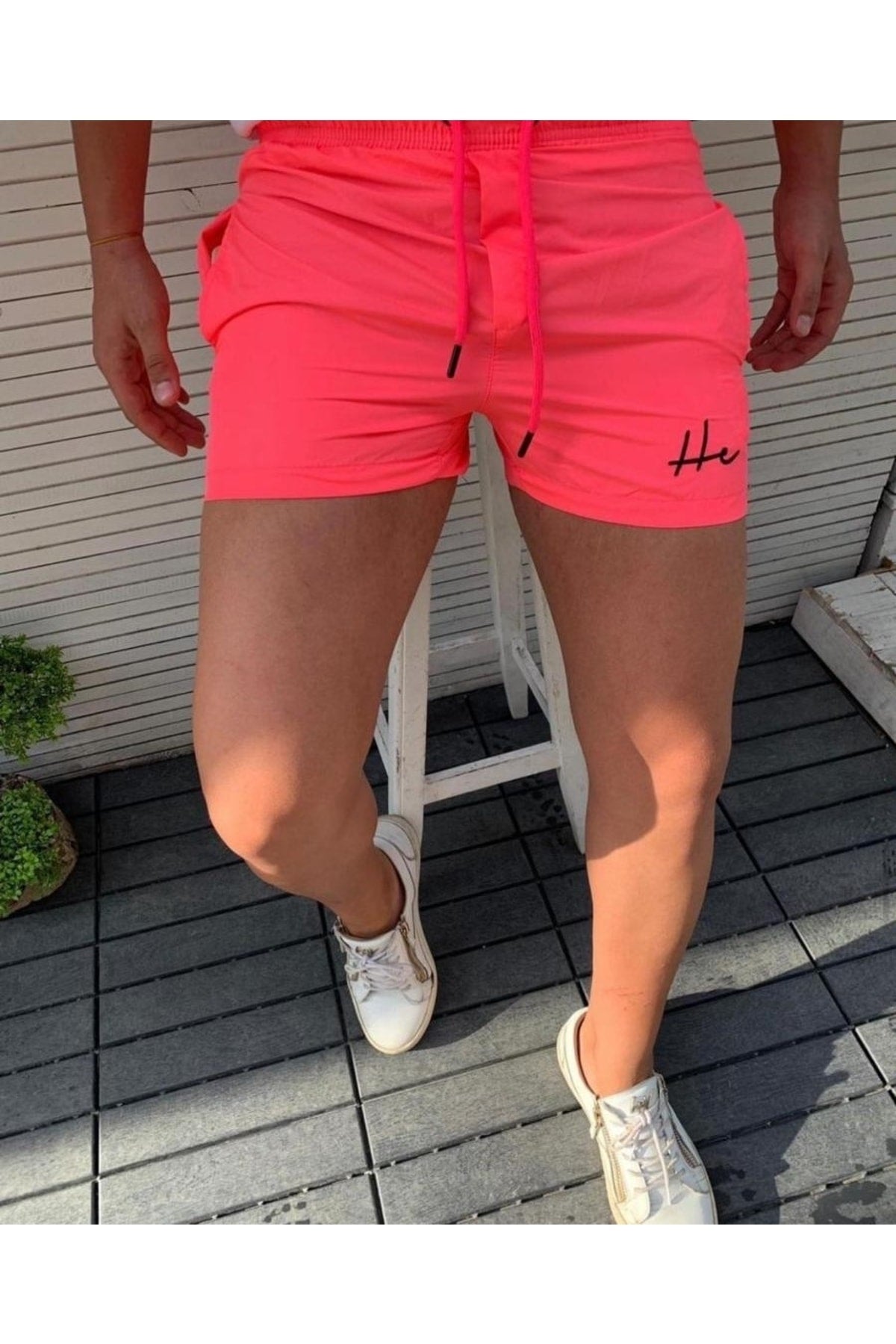 Men's Neon Pink Solid Color Pocket Model Marine Shorts Swimsuit