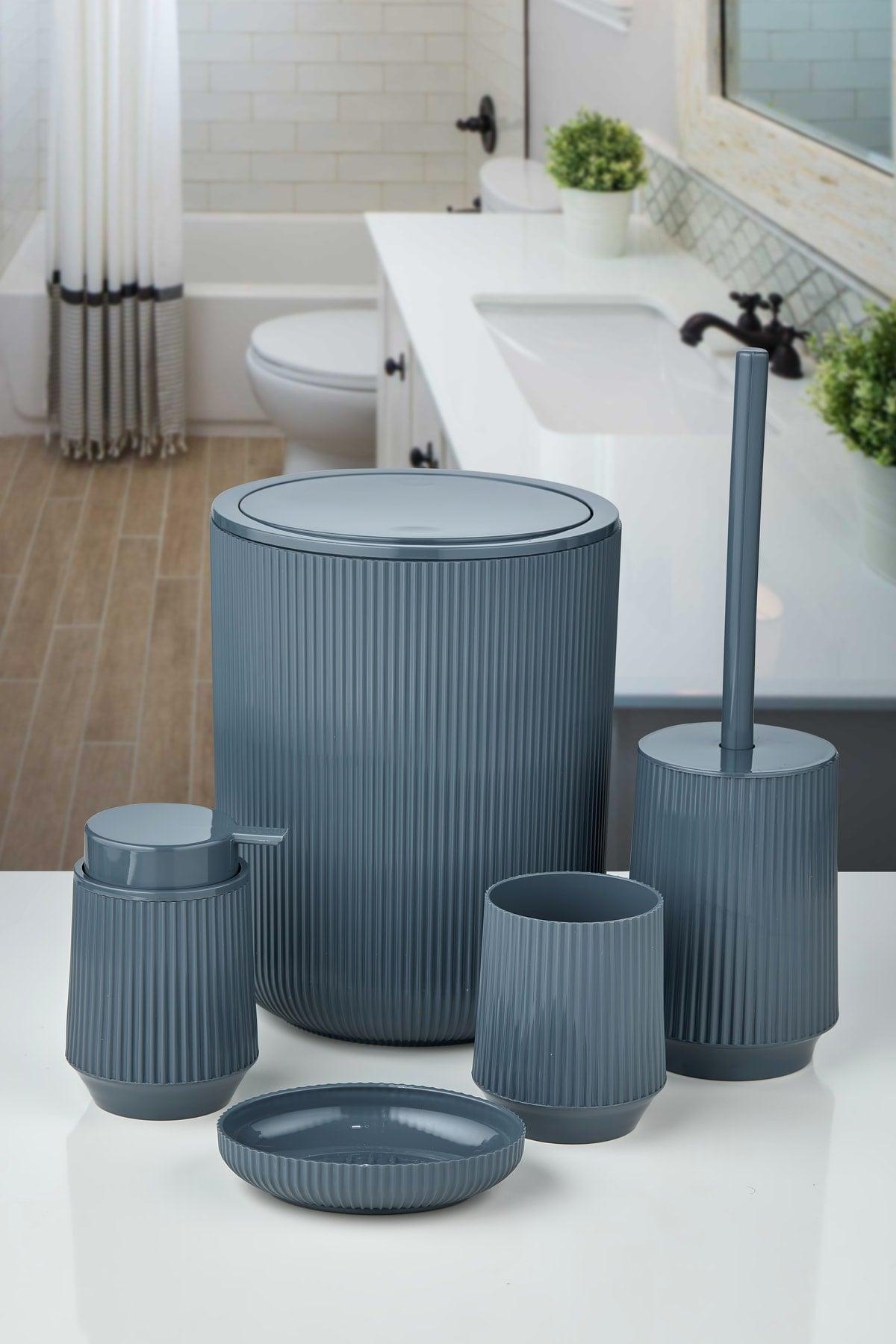 Set of 5 Striped Bathroom Set - Anthracite Striped Round Bathroom Set of 5 - 5 Piece Luxury Bathroom Set - Swordslife