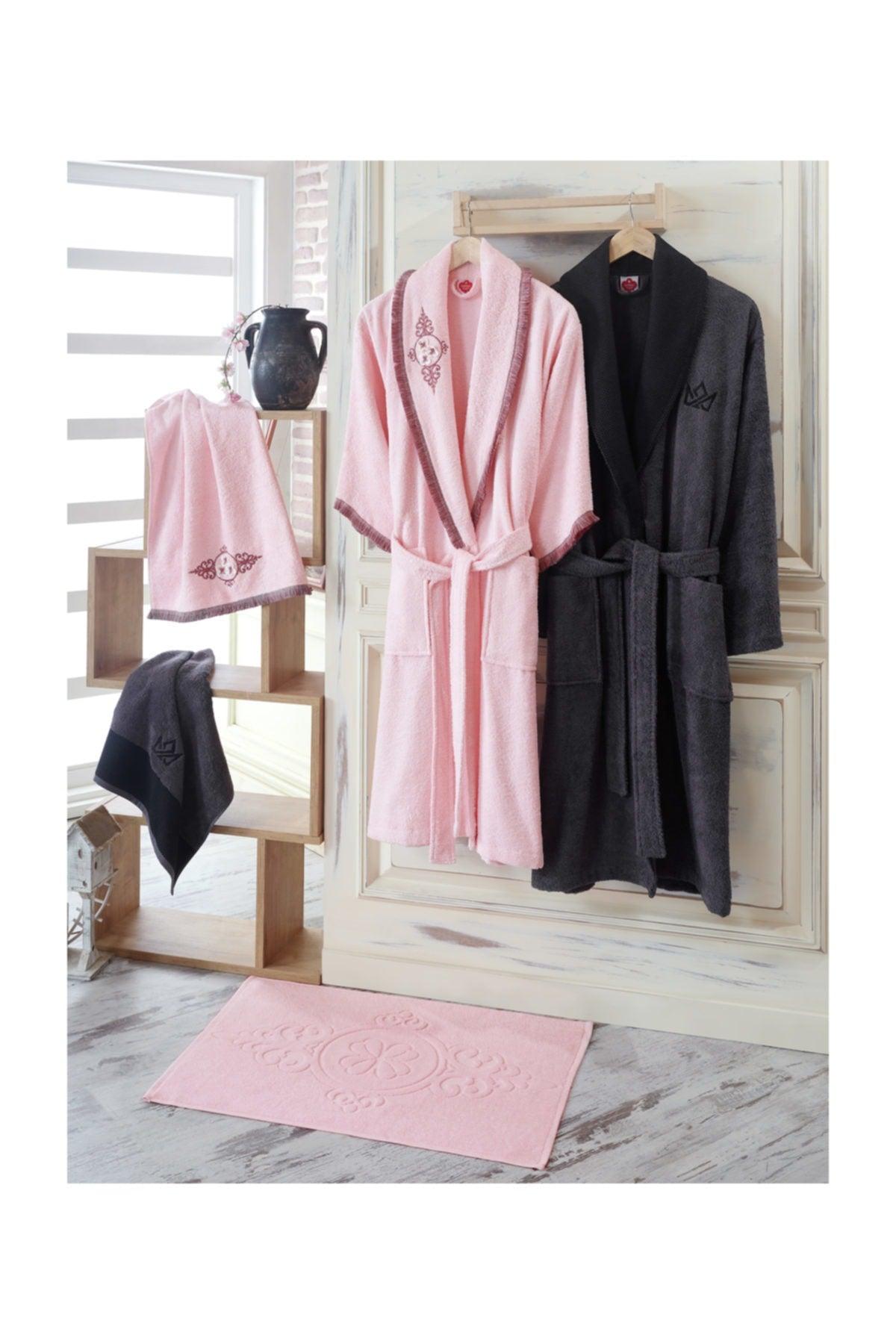 3d Embroidered Smart Bamboo Family Bathrobe Set Powder-Anthracite (5 Pcs) - Swordslife