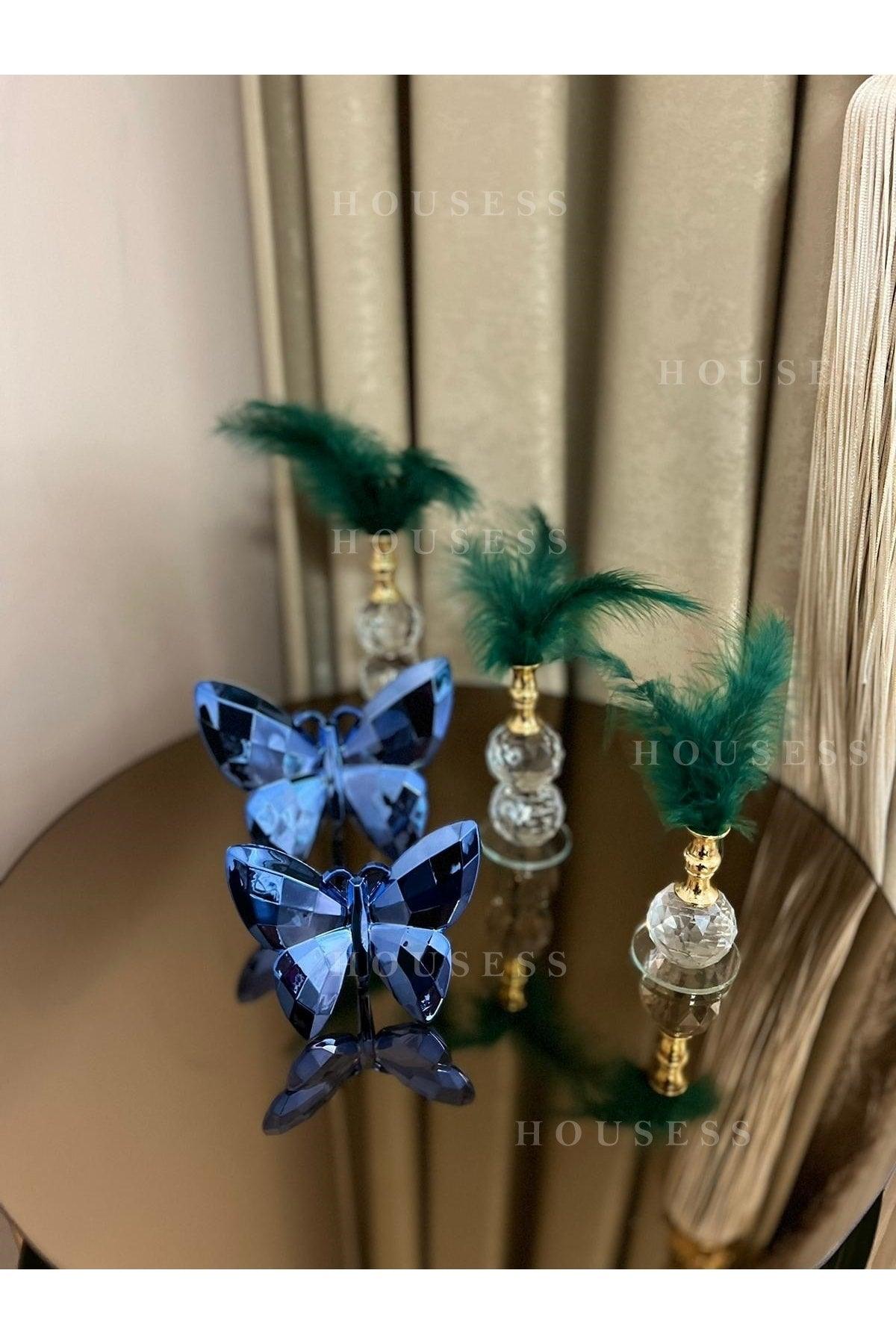 Decorative 2-Pack Blue Butterfly And 3-Piece Gold Feather Set Trinket Ornament - Swordslife