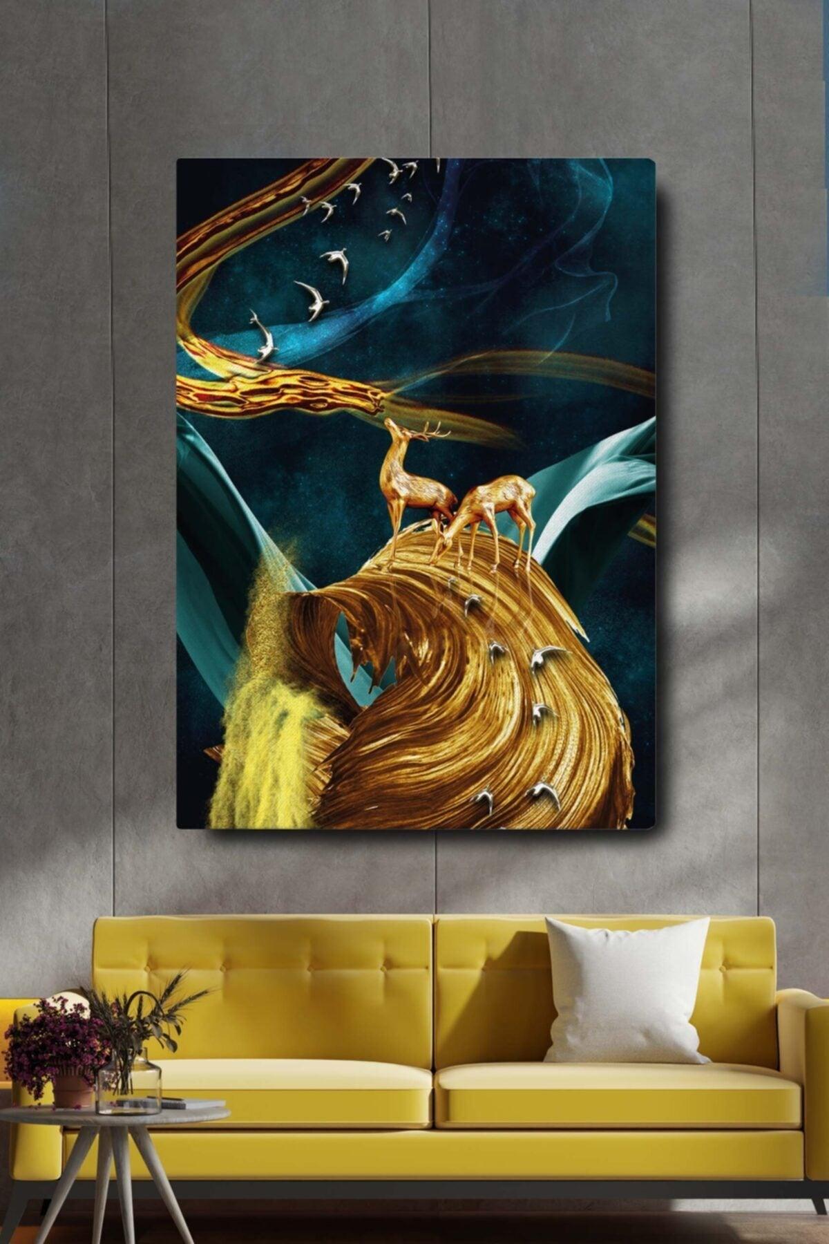 Decorative Abstract Golden Deer And Birds Surreal Canvas Wall Painting 50x70 Cm - Swordslife