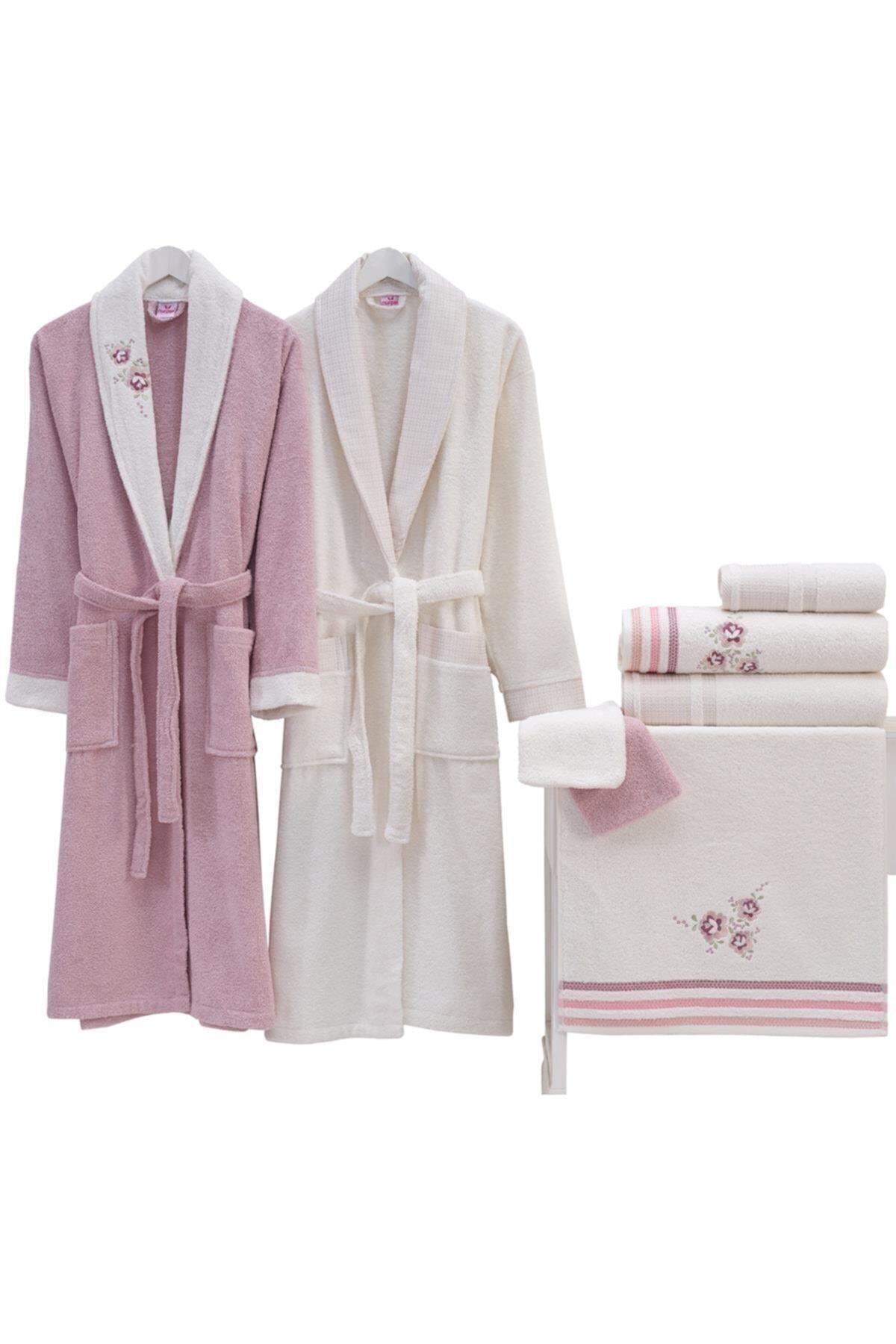 Bergüzar Luxury Embroidered 8 Piece Bathrobe Set Dried Rose-cream - Swordslife