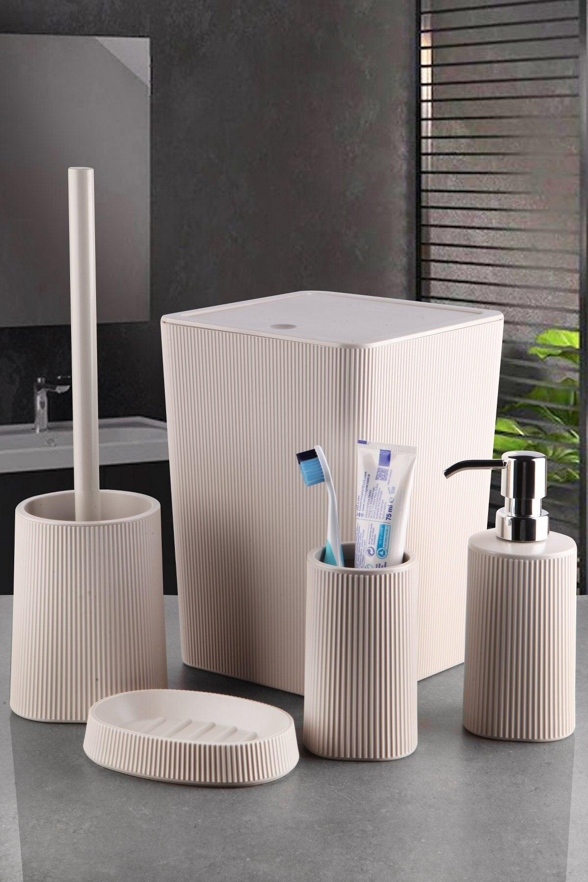 5 Piece Square Striped Anthracite Bathroom Set - 5 Piece Bathroom Accessory Set Soap Dispenser Trash Can - Swordslife