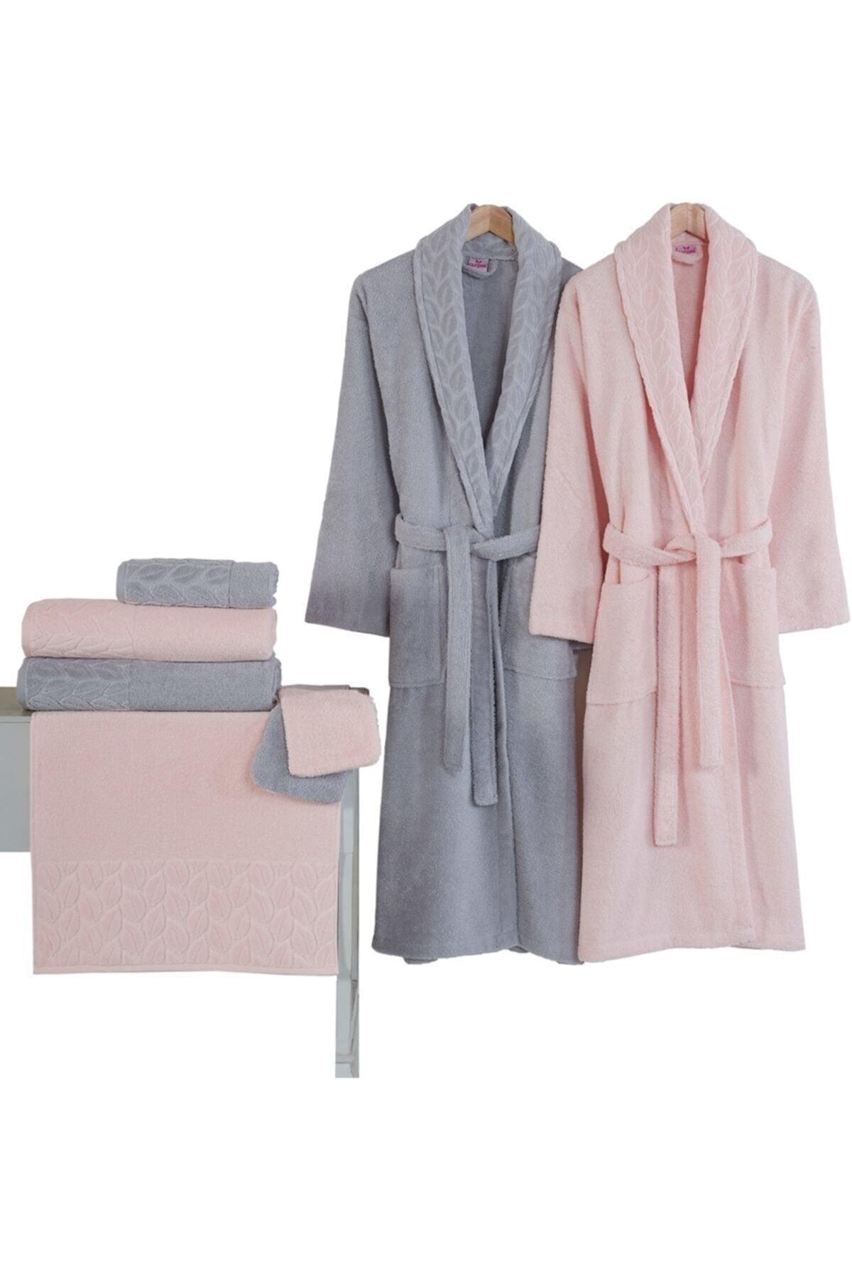 Hazal Family Bathrobe Set (8 Pieces) Gray-powder Nrpk000548 - Swordslife