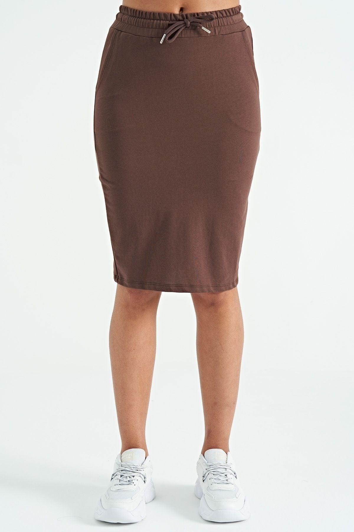 Brown Back Slit Side Pocket Detailed Knee Length Women's Pencil Skirt - Swordslife