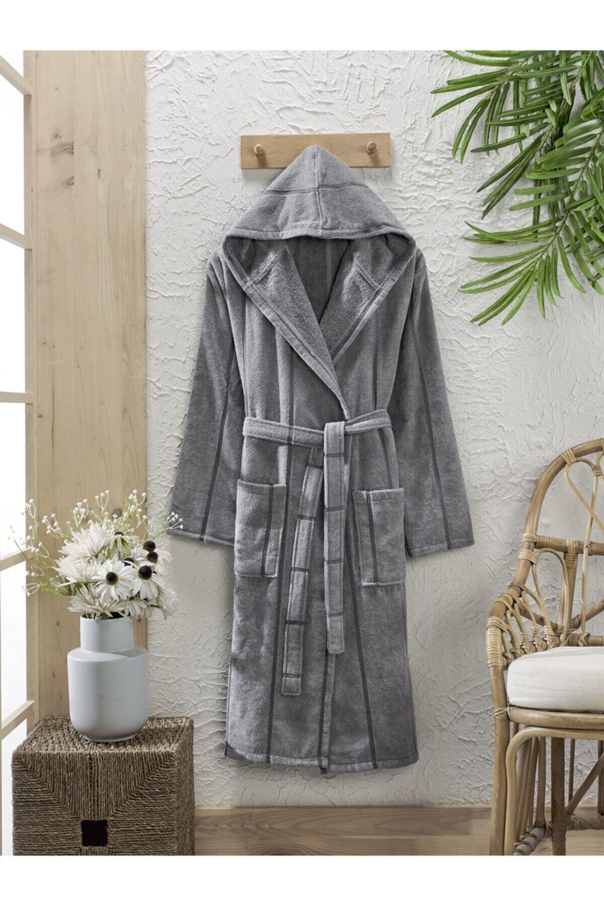 Cotton Velvet Hooded Unisex Anthracite Bathrobe - Swordslife