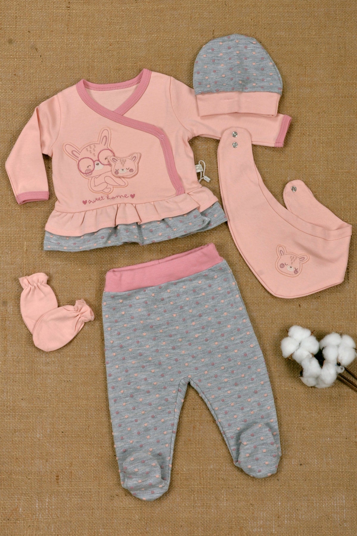 100% Cotton, Teddy Bear Embroidery, Ruffle Skirt 5 Piece Newborn Set & Out of Hospital 0-3 Months