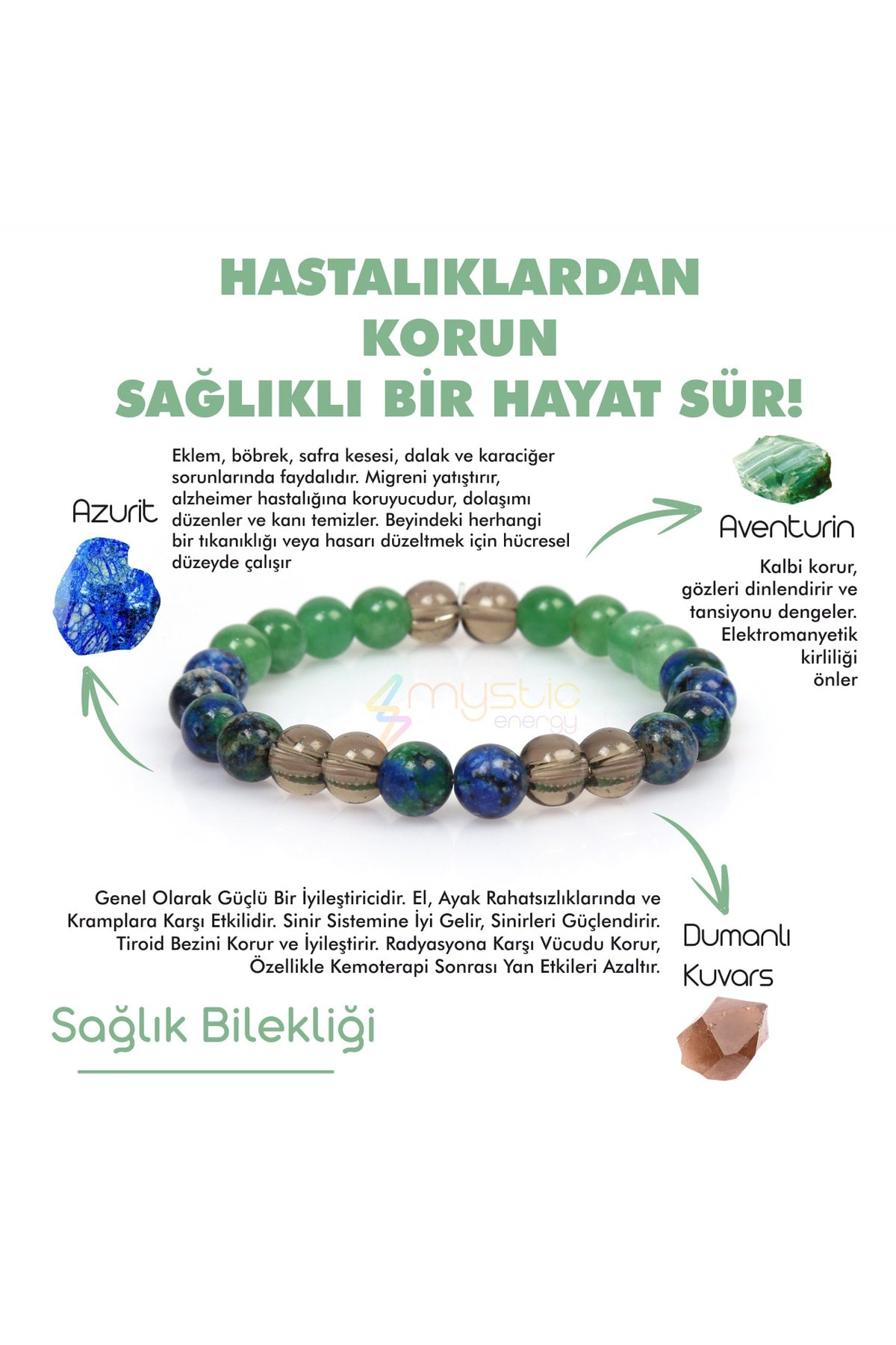 Certified Health and Healing Talisman Bracelet (Azurite, Smoky Quartz, Aventurine Stone Natural Stone Bracelet)