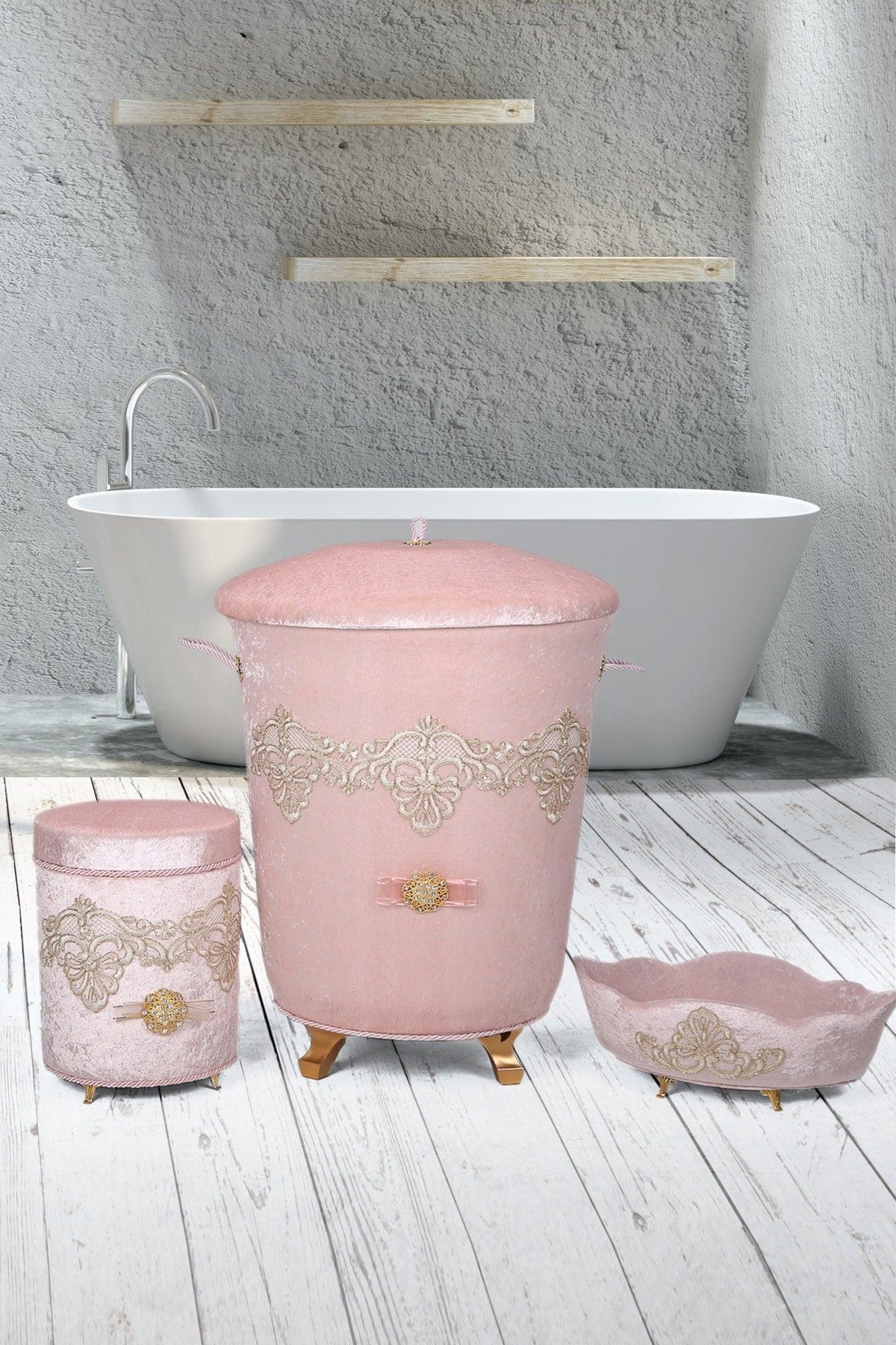 Golden Powder 3 Pcs Velvet Dowry Lacy Bathroom Dirty Laundry Basket Set - Swordslife