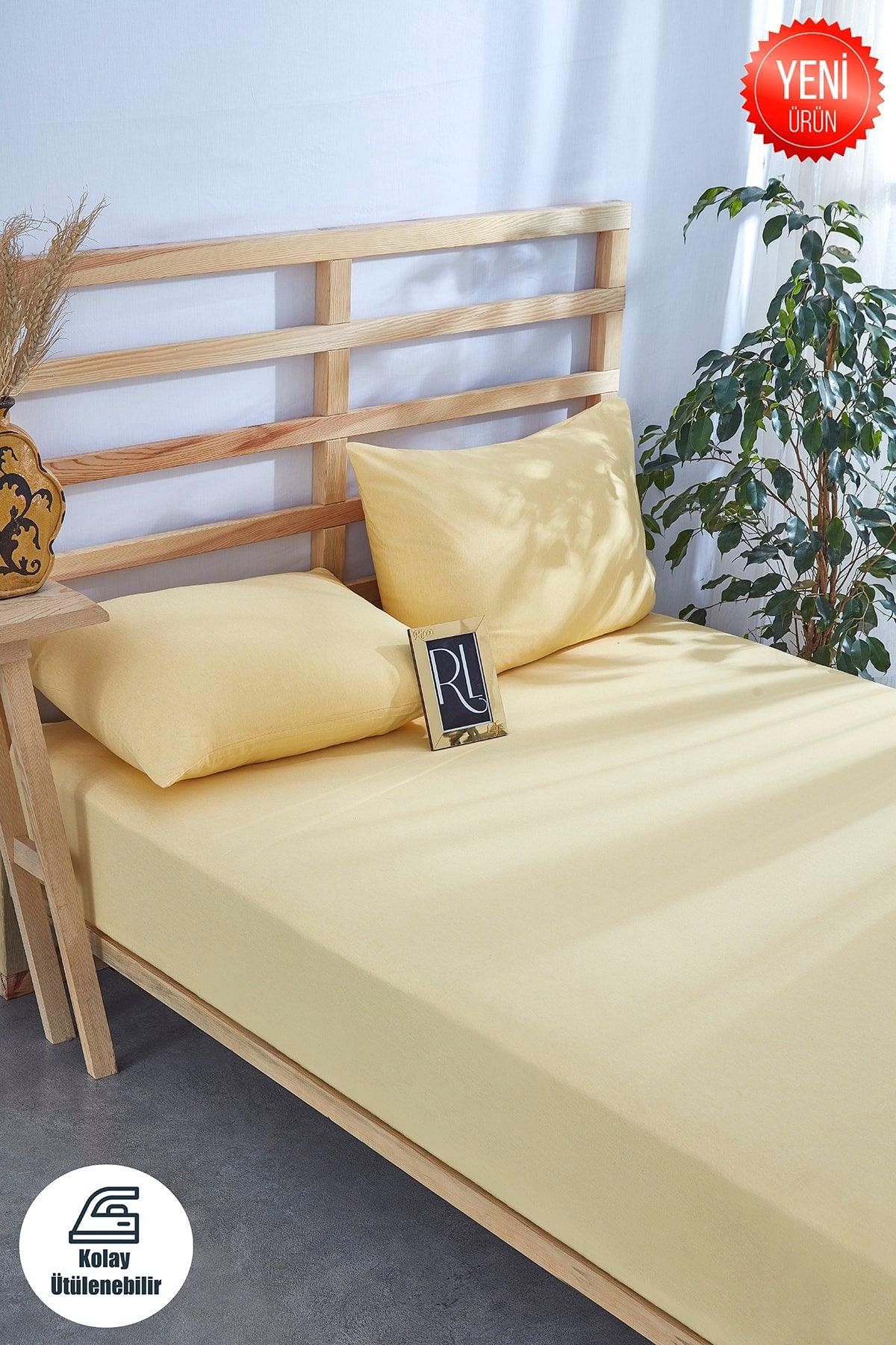 Yellow Elastic Bed Sheet Set Solid Color Cotton-Pillow Cover Single-Double-Duvet Cover - Swordslife