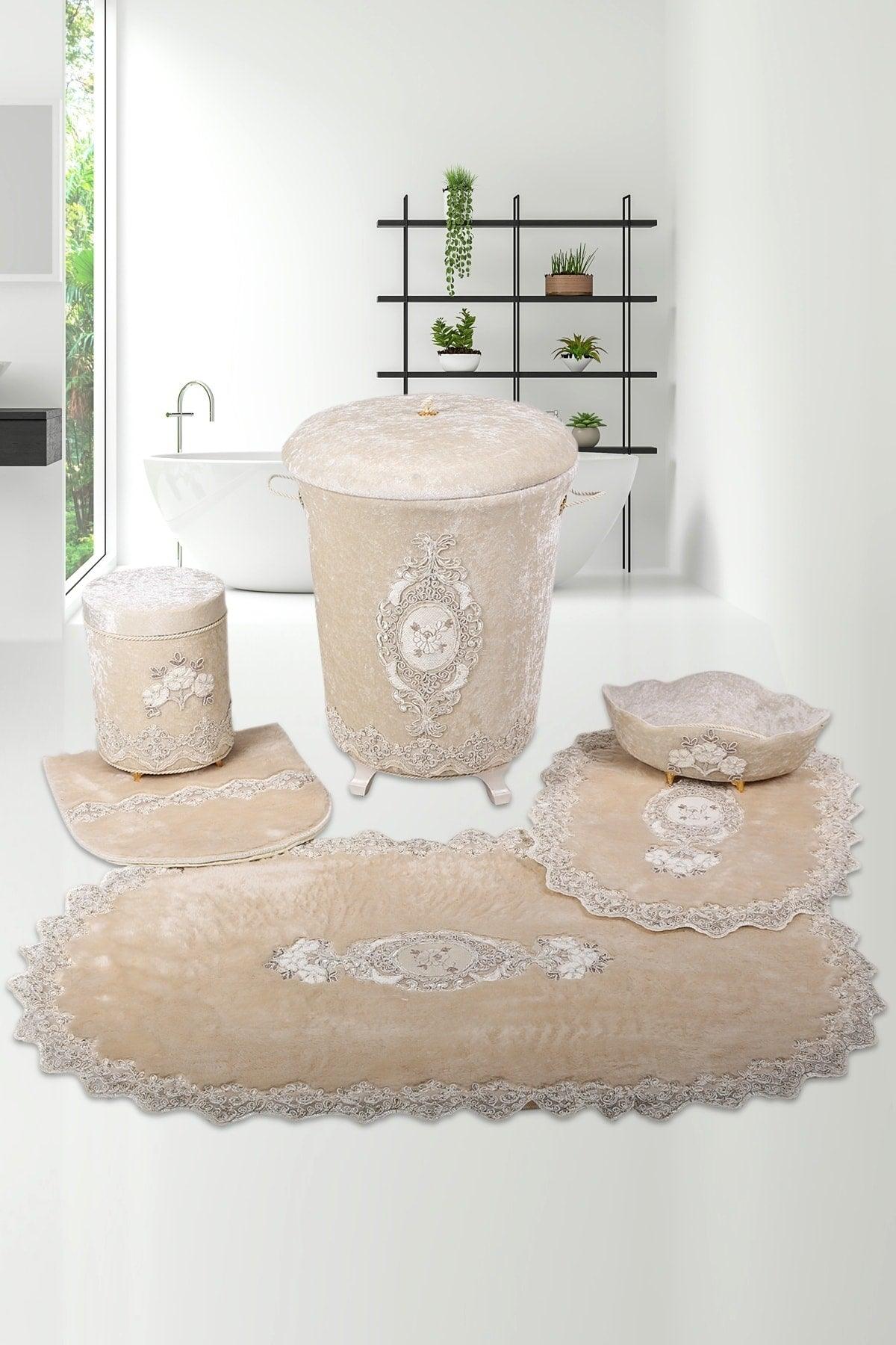 Lisa Mink 6 Piece Lacy Bathroom Dirty Laundry Basket Set Bath Mat Set - Swordslife