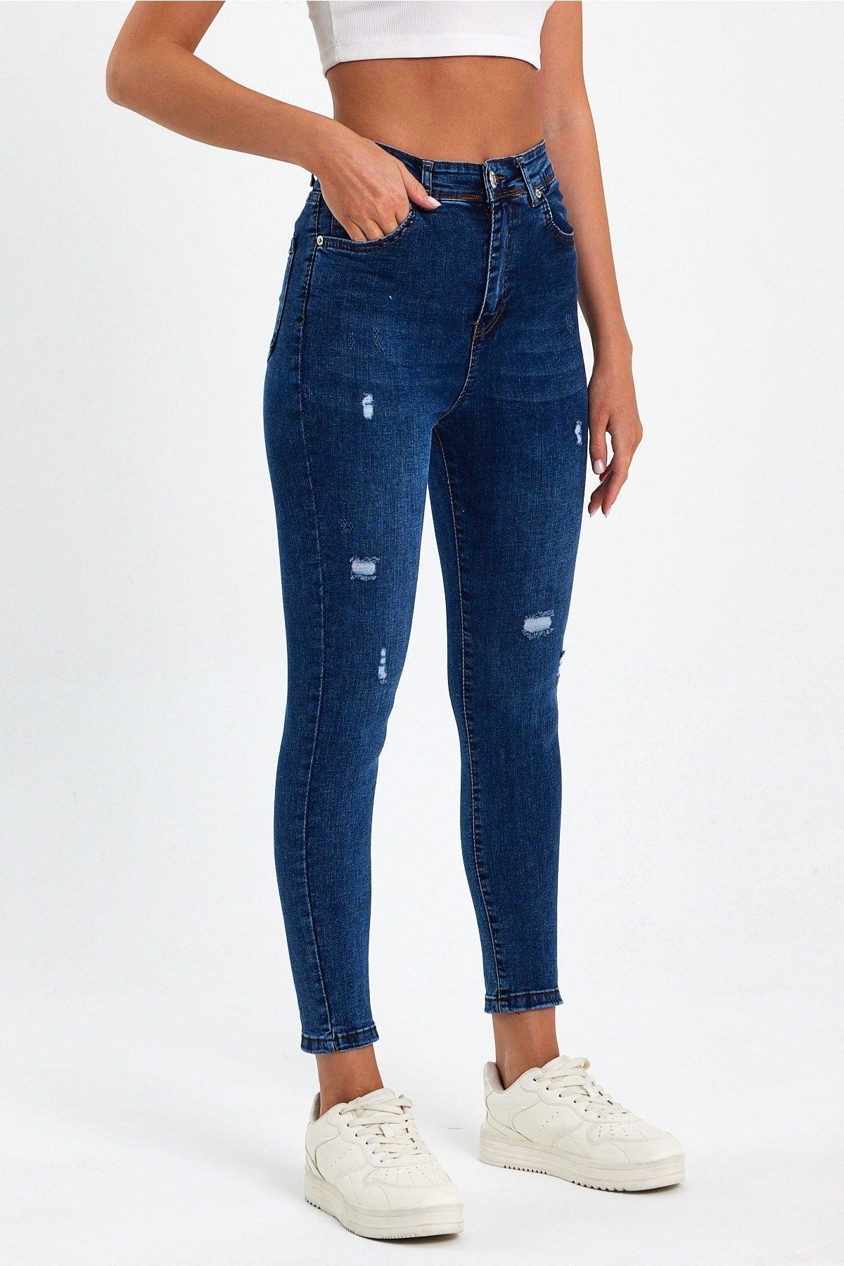 Sandy Laser Detail Blue High Waist Slimming Skinny Jean - Swordslife