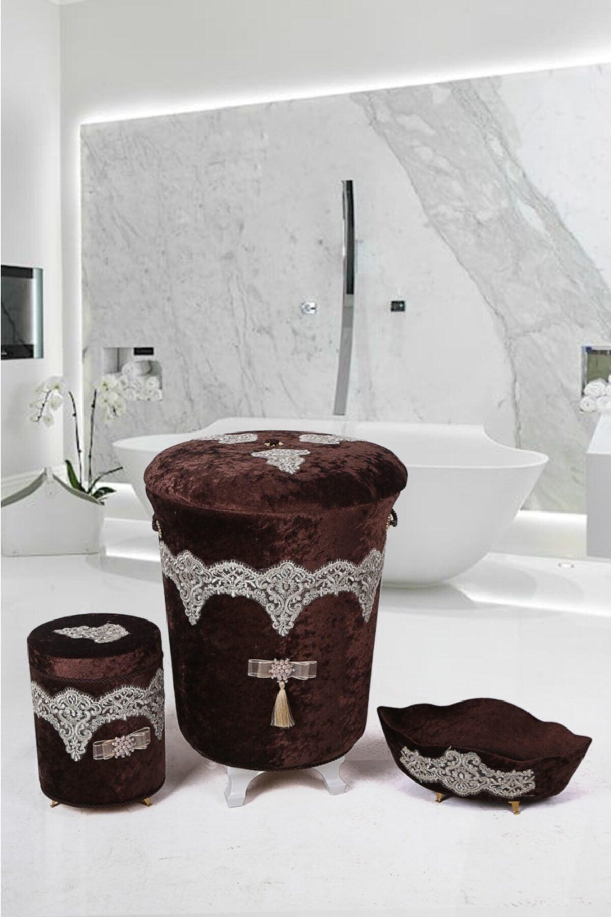 Luxury Brown Velvet Guipure Dirty Laundry Basket Set B 3 - Swordslife