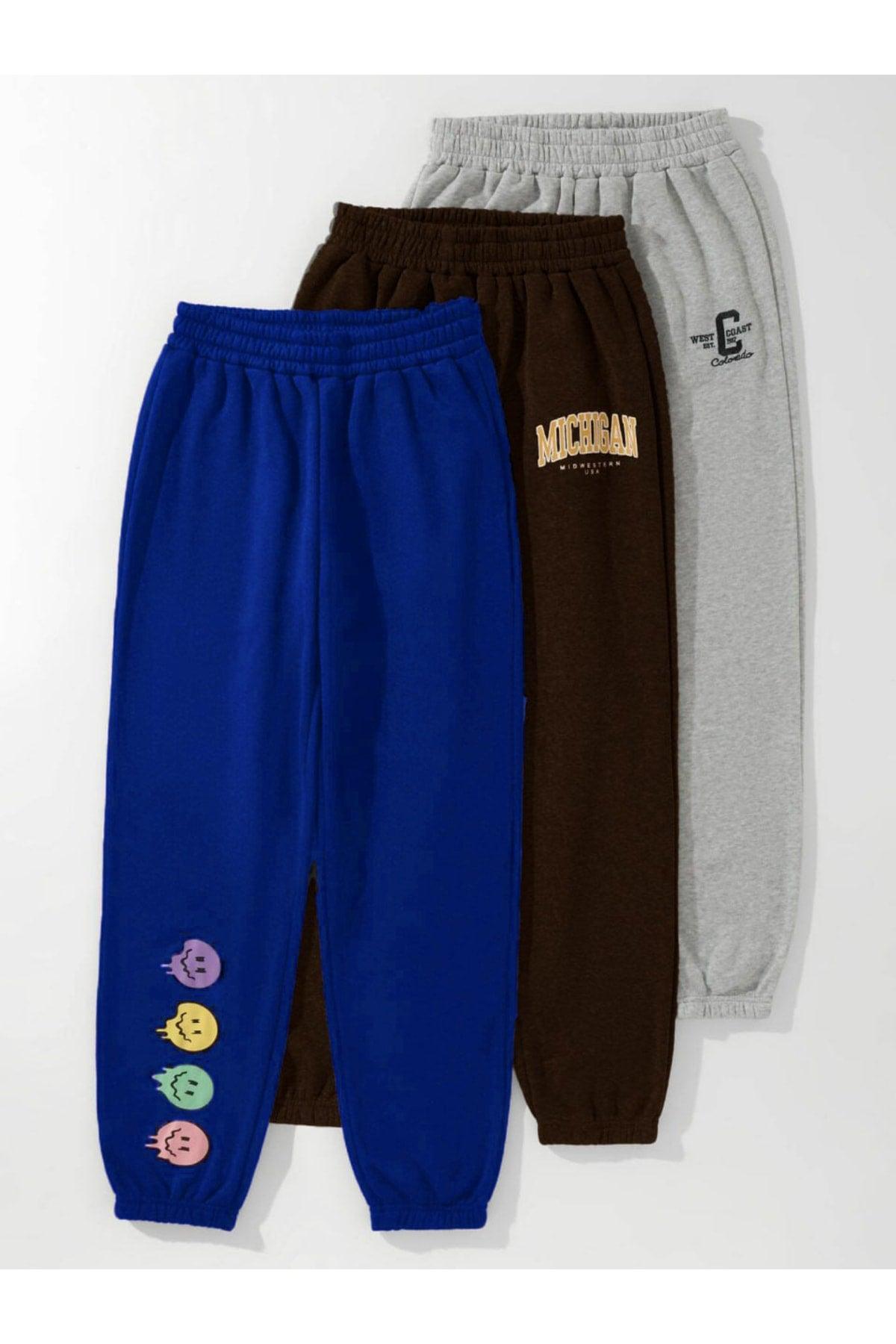 3-Pack Logo Pattern Printed Jogger Sweatpants - Saxe Blue, Brown And Grey, Elastic Legs, Summer - Swordslife