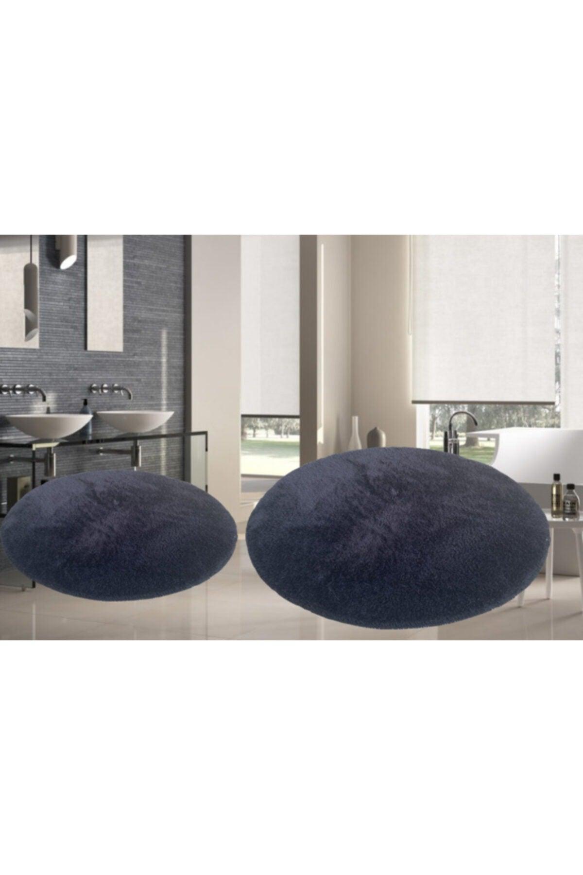 2 Pieces Round Post Plush Bath Mat Set Large Size Non-Slip Toilet Seat Black 100x100 60x60 - Swordslife