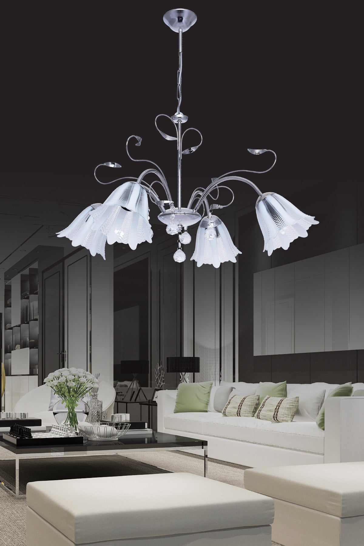 Çağla 4-Piece Chrome Pendant Lamp Stone Chandelier Living Room Chandelier