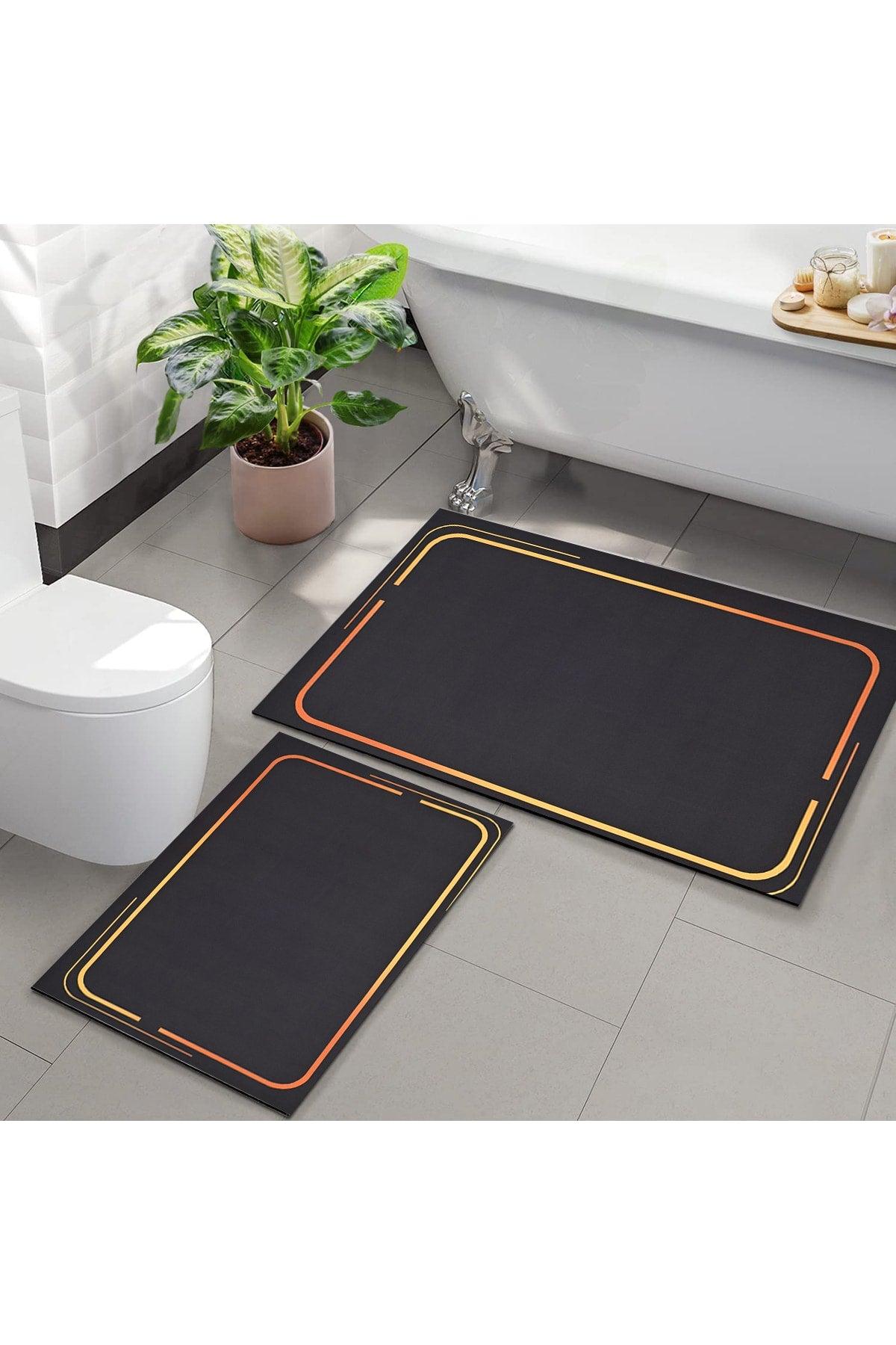 Else Decor Black Yellow Striped Washable Non-Slip Base 2 Pcs. Bathroom Carpet Doormat Closet Set - Swordslife