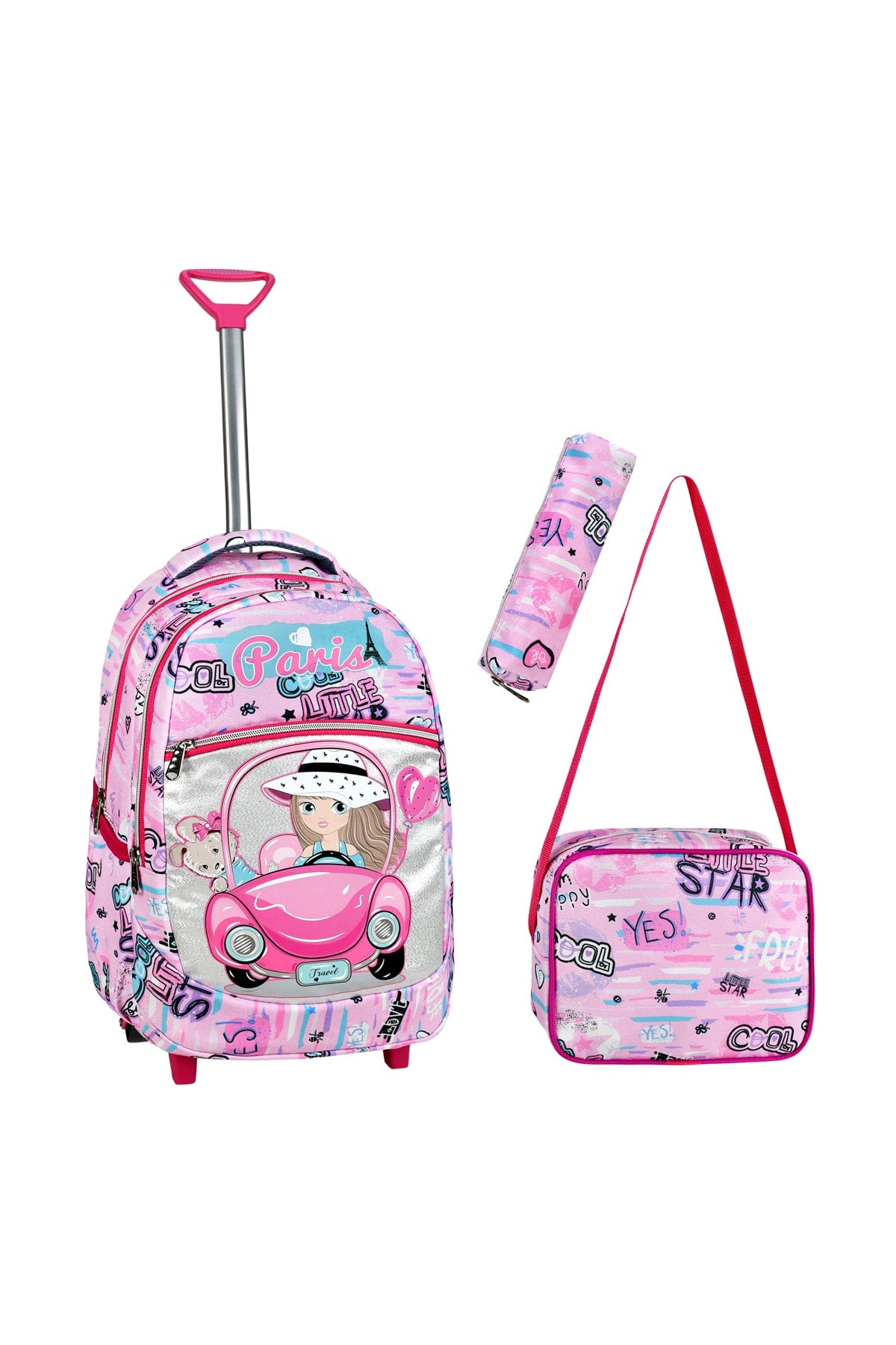 3 Pcs School Set with Squeegee, Pink Car Pattern Primary School Bag + Lunch Box + Pencil Holder