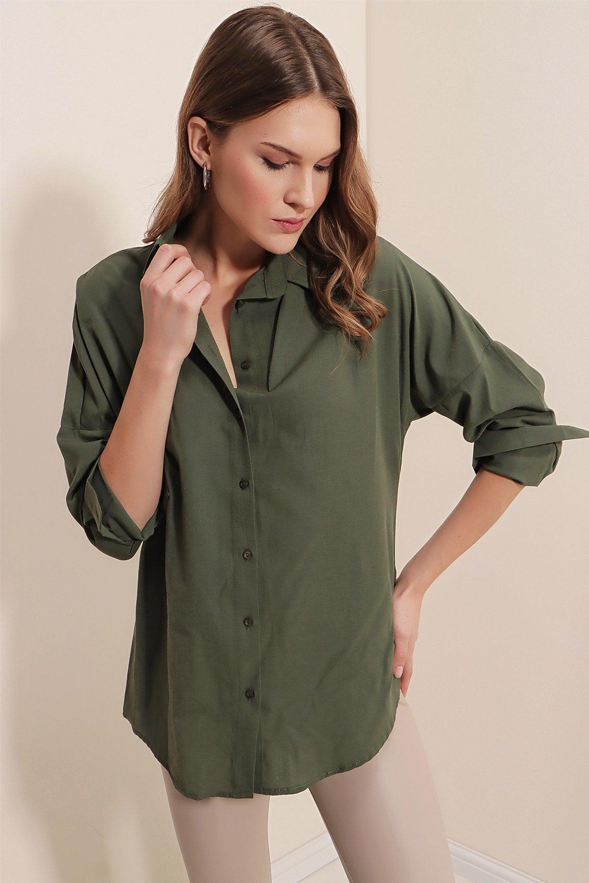 3900 Oversize Long Basic Shirt - Dark Khaki - Swordslife