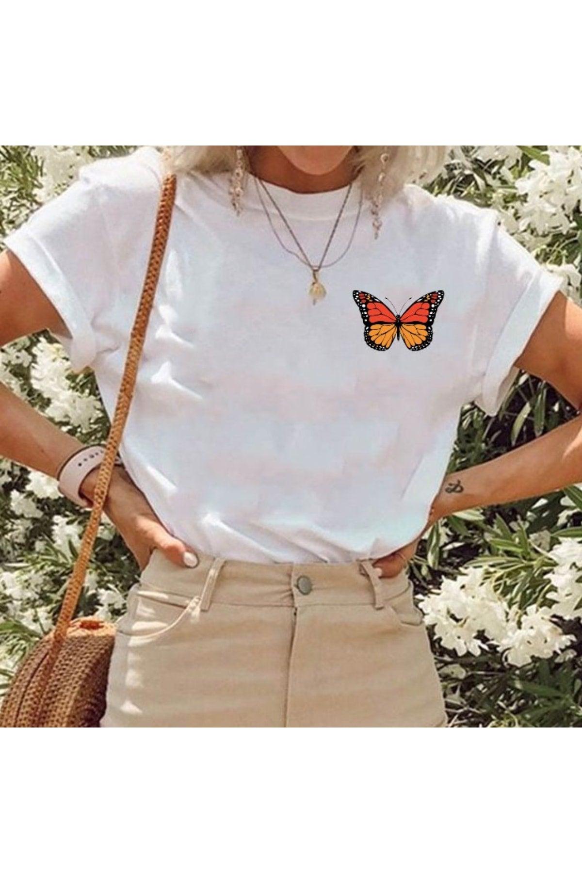 Butterfly Printed Oversized Cotton Combed Cotton Fabric White Tshirt - Swordslife