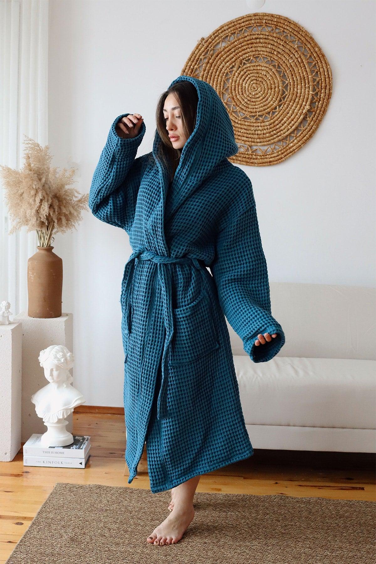 Waffle Adult Bathrobe Soft Pique Fabric Hooded Indigo Blue - Swordslife